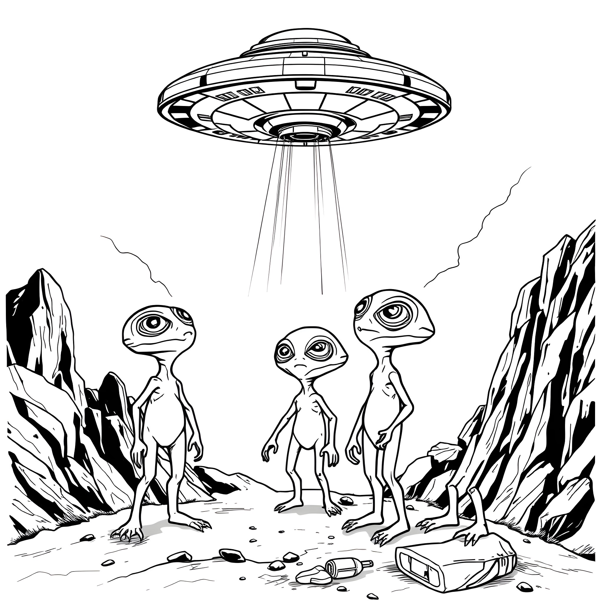 Alien Spacecraft Investigates Mysterious Creatures on a Remote Planet Coloring Page (free black-and-white line drawing printable PDF for all, from beginners to advanced learners, including children, teens, adults, and seniors)