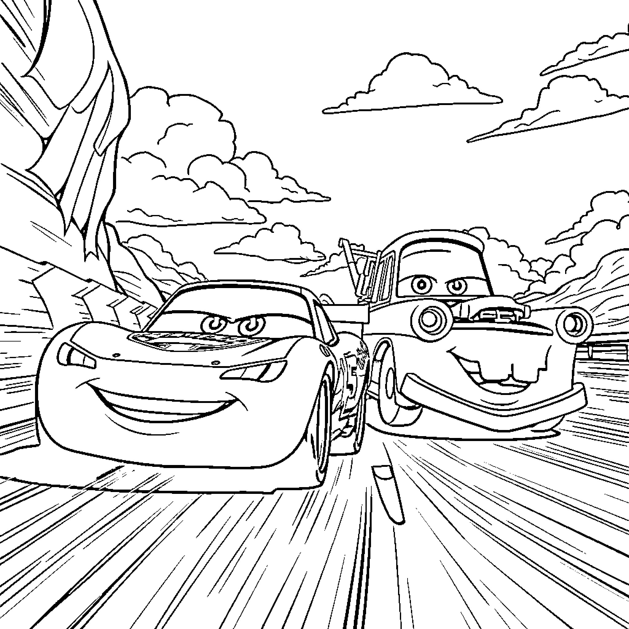 Cars racing on the road with dramatic clouds Coloring Page (free black-and-white line drawing printable PDF for all, from beginners to advanced learners, including children, teens, adults, and seniors)