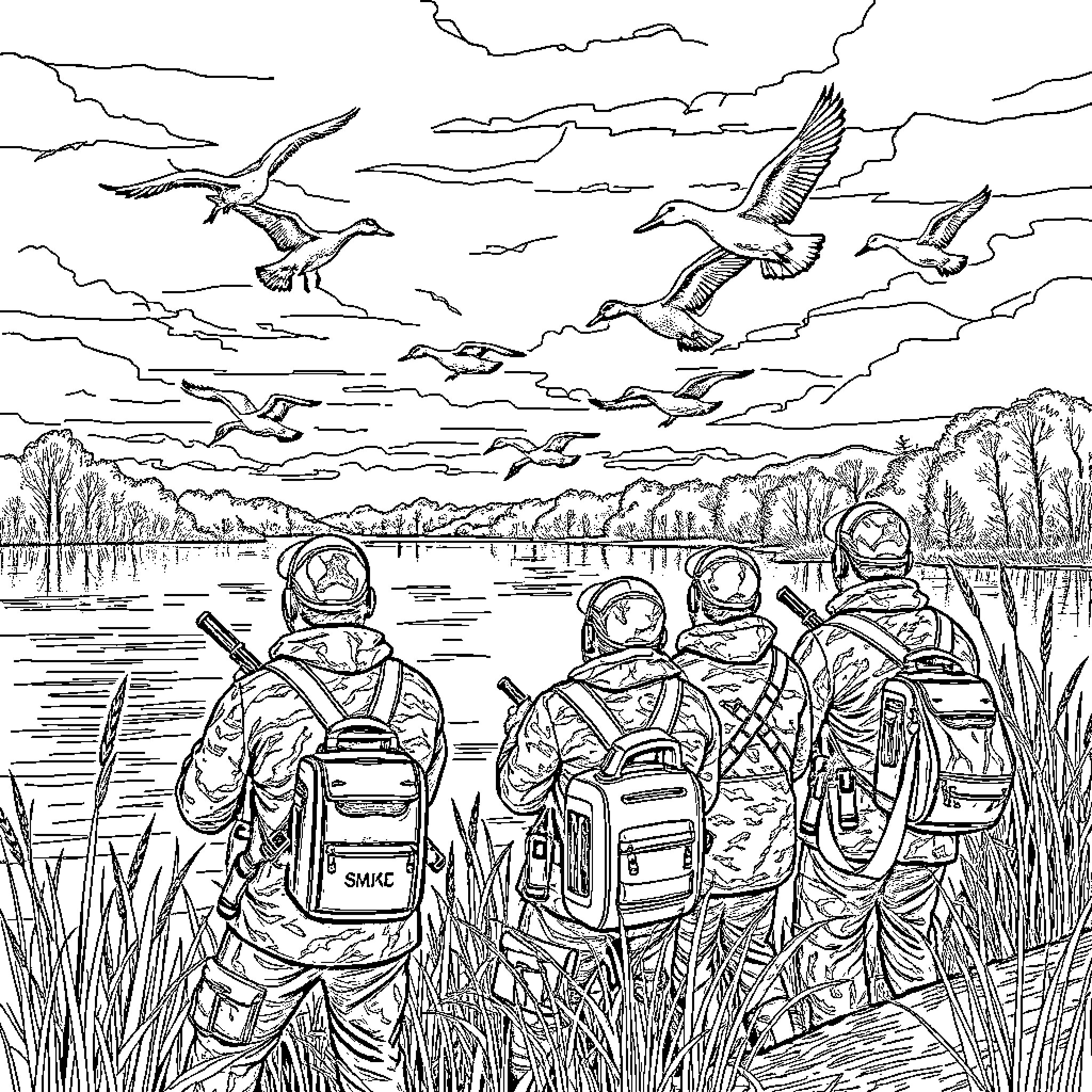 Duck Explorers Observe Soaring Birds in Scenic Landscape Coloring Page (free black-and-white line drawing printable PDF for all, from beginners to advanced learners, including children, teens, adults, and seniors)