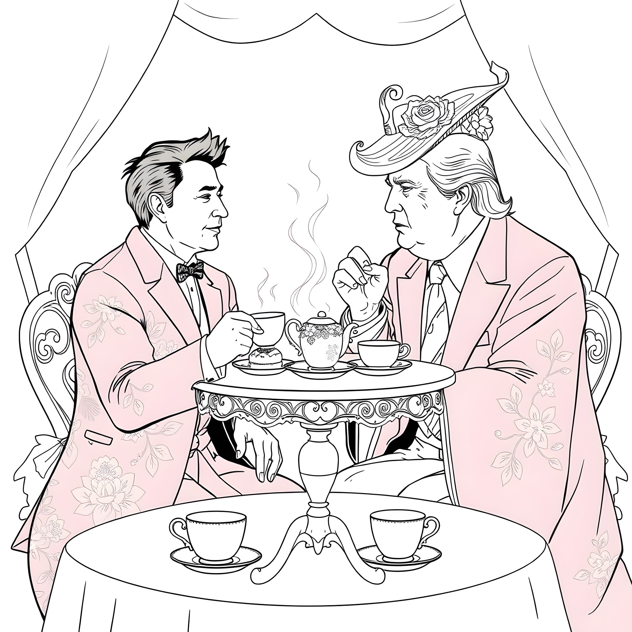 Elon Musk having tea with Donald Trump in a formal setting Coloring Page (free black-and-white line drawing printable PDF for all, from beginners to advanced learners, including children, teens, adults, and seniors)