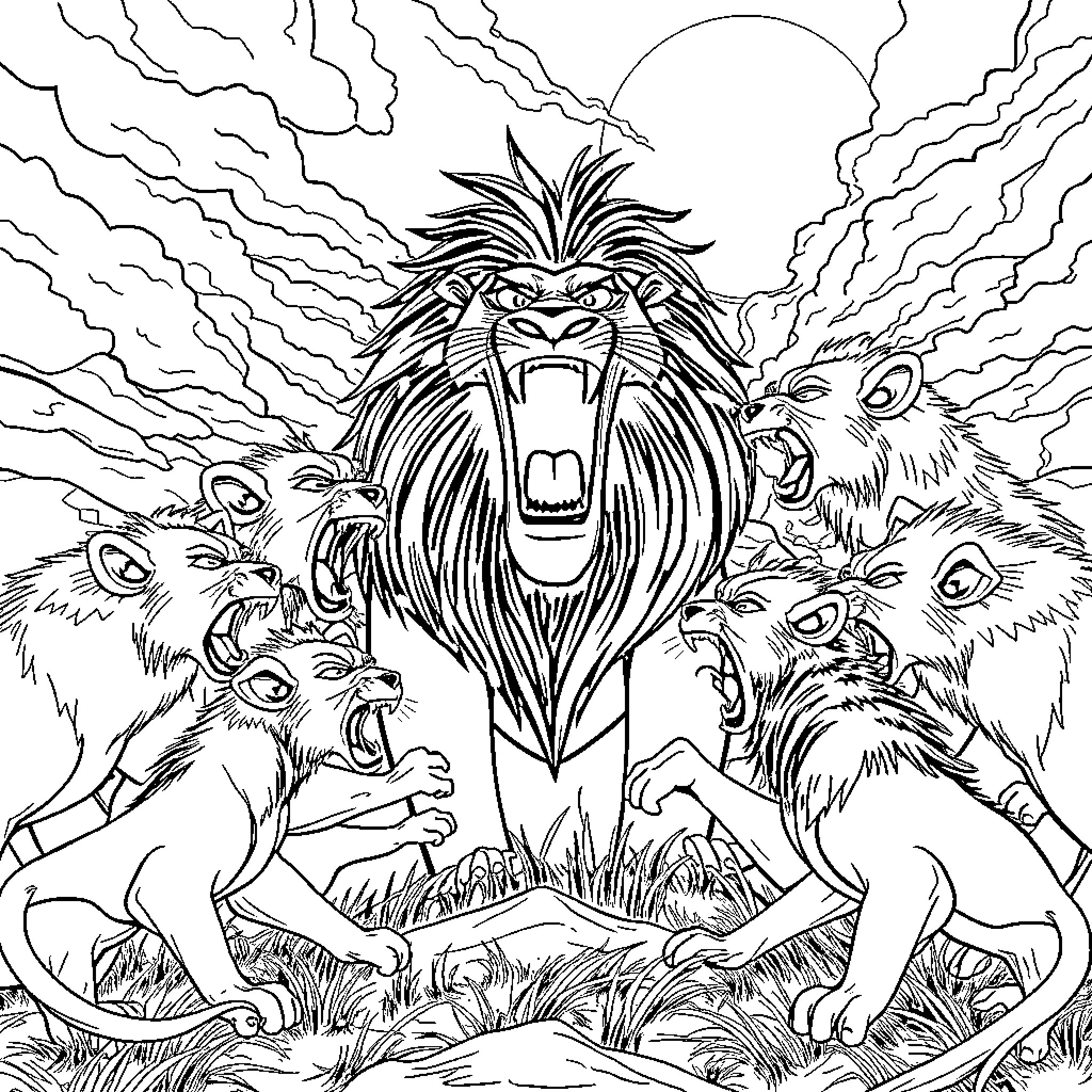 Hyena Pack Fiercely Defending Their Territory Coloring Page (free black-and-white line drawing printable PDF for all, from beginners to advanced learners, including children, teens, adults, and seniors)