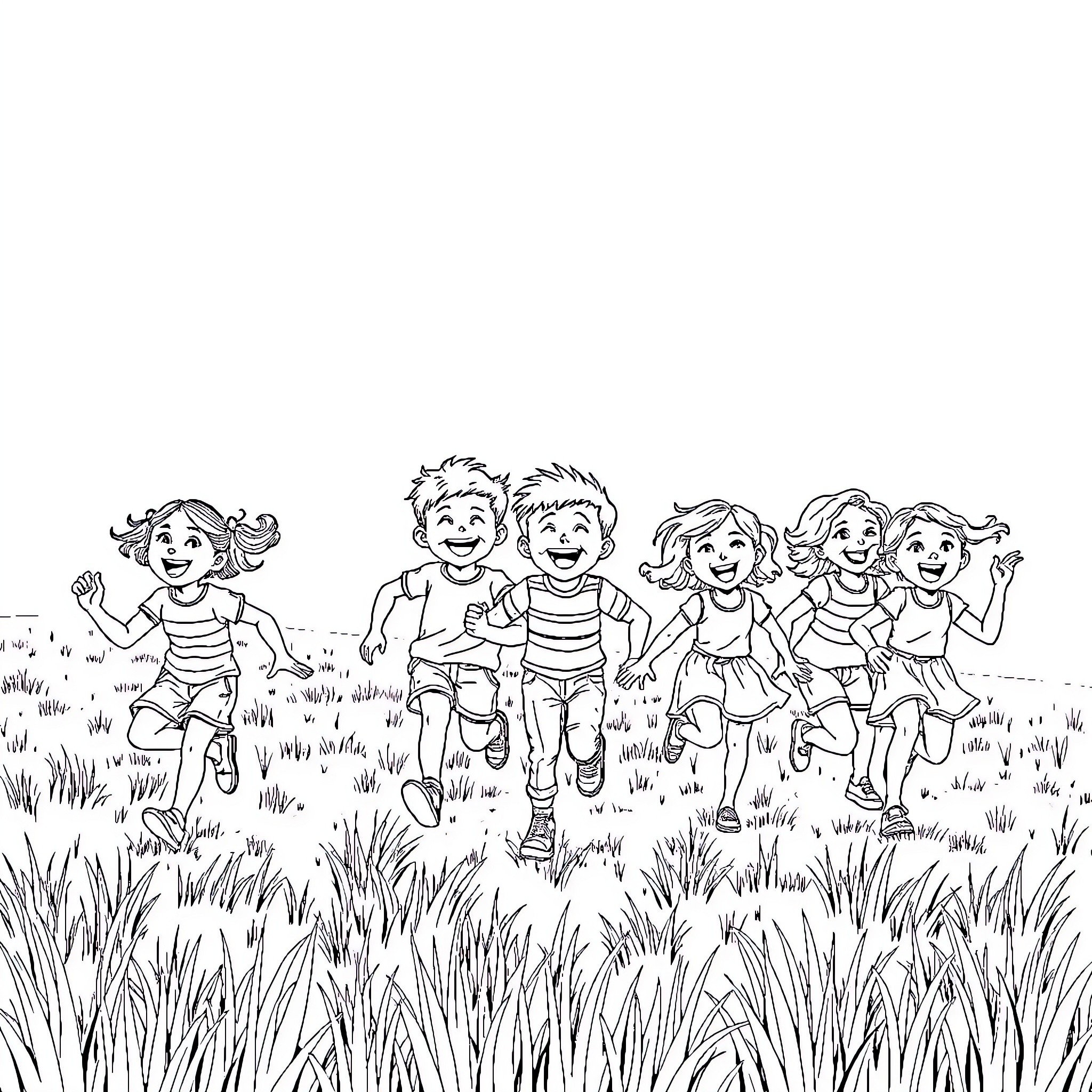 Kids enjoying a playful day outdoors Coloring Page (free black-and-white line drawing printable PDF for all, from beginners to advanced learners, including children, teens, adults, and seniors)