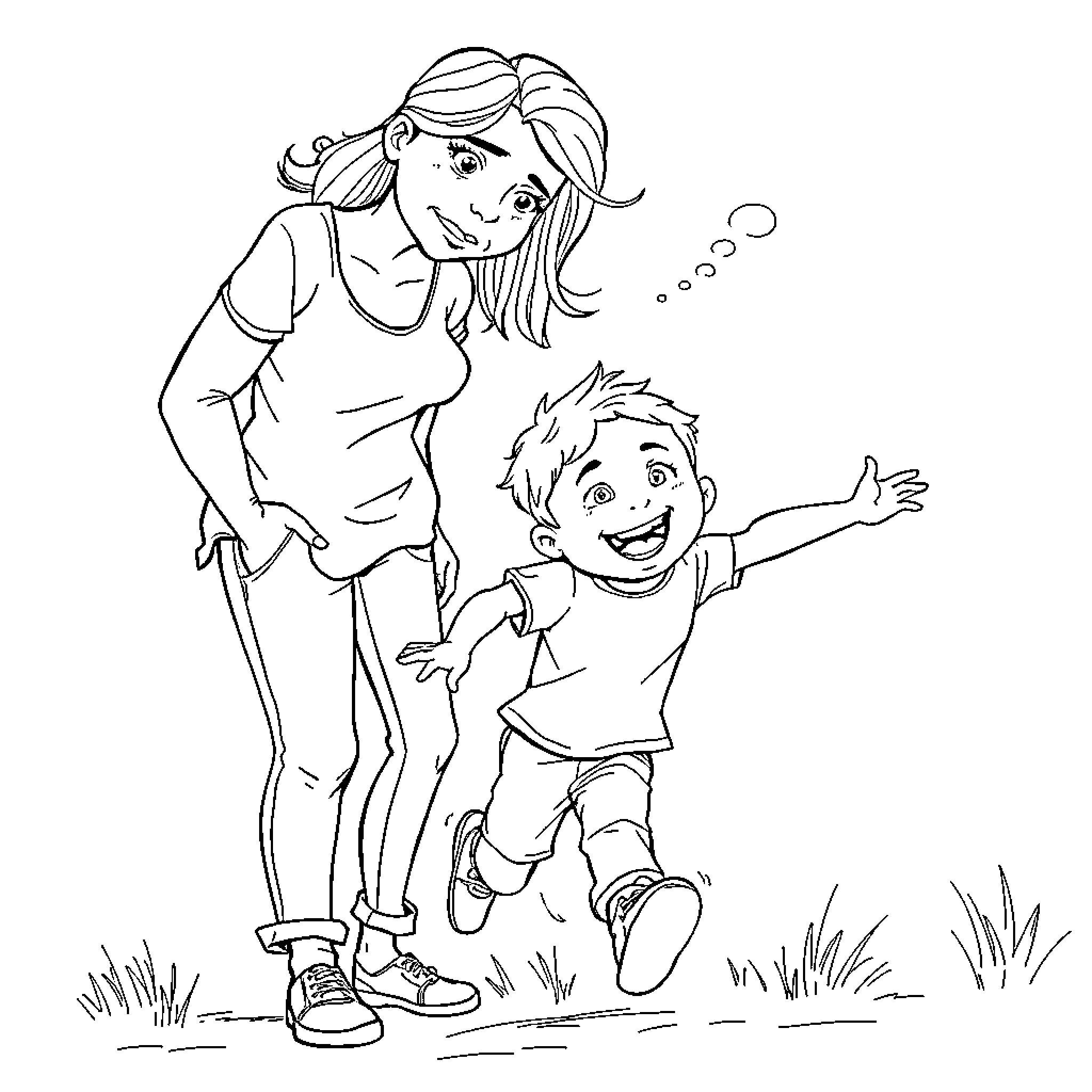 Mother and child playing joyfully outdoors Coloring Page (free black-and-white line drawing printable PDF for all, from beginners to advanced learners, including children, teens, adults, and seniors)