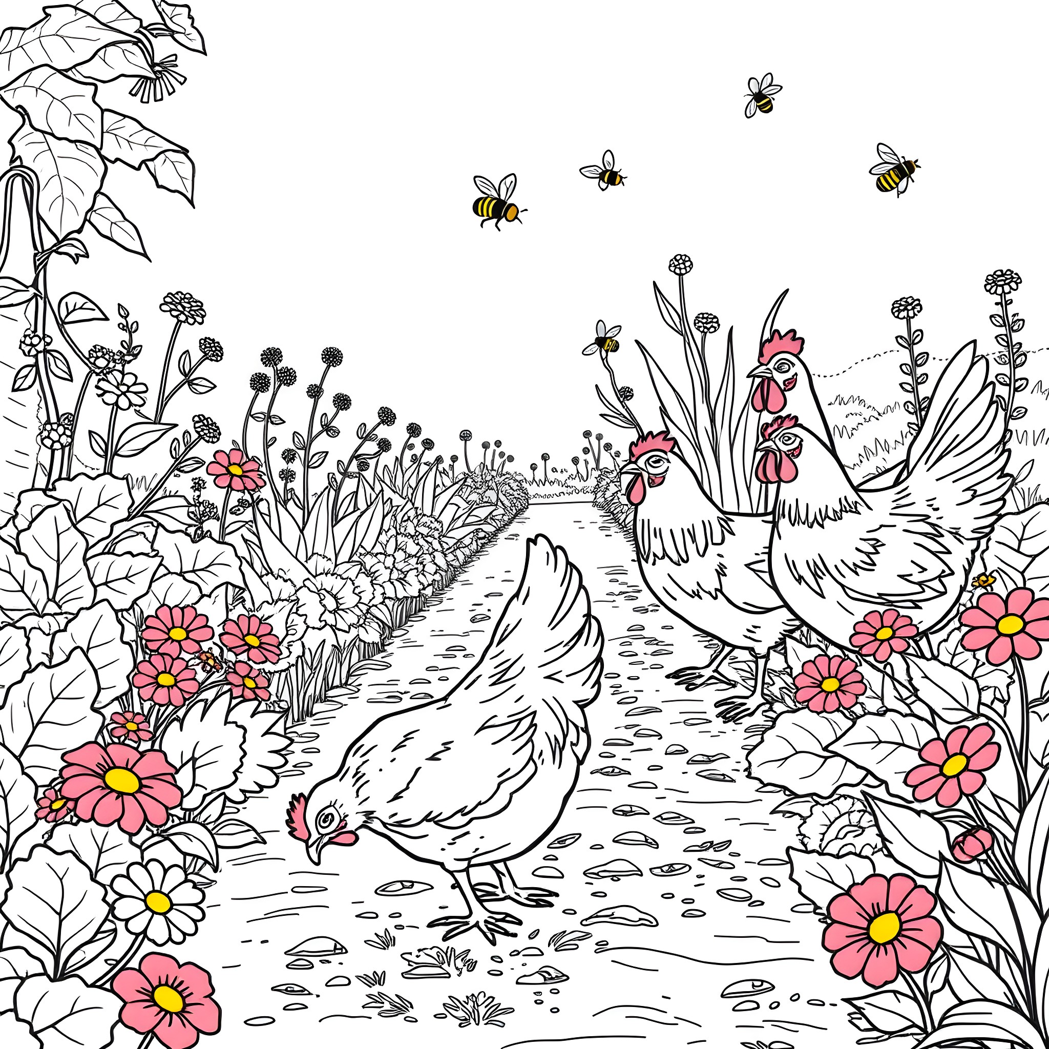 Chickens exploring a vibrant garden with butterflies Coloring Page (free black-and-white line drawing printable PDF for all, from beginners to advanced learners, including children, teens, adults, and seniors)