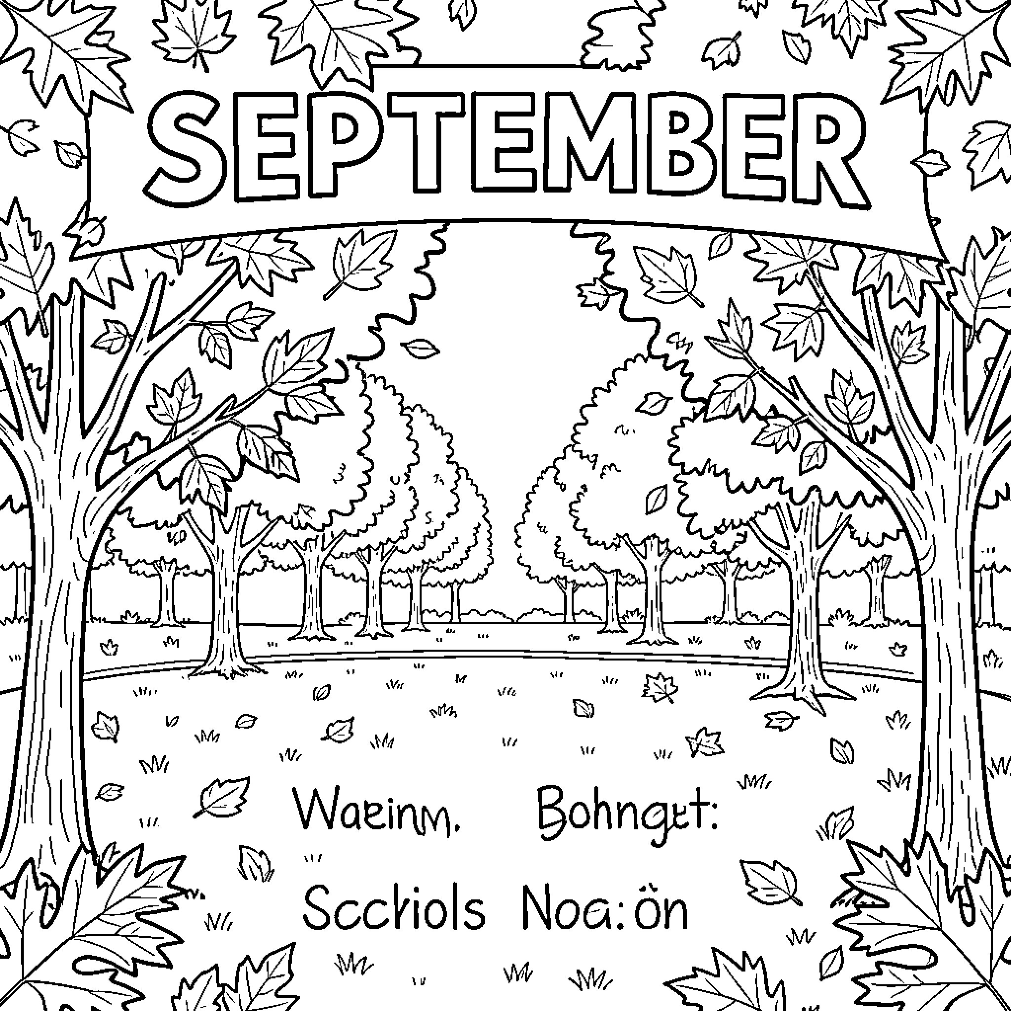 September scenery featuring trees and falling autumn leaves Coloring Page (free black-and-white line drawing printable PDF for all, from beginners to advanced learners, including children, teens, adults, and seniors)