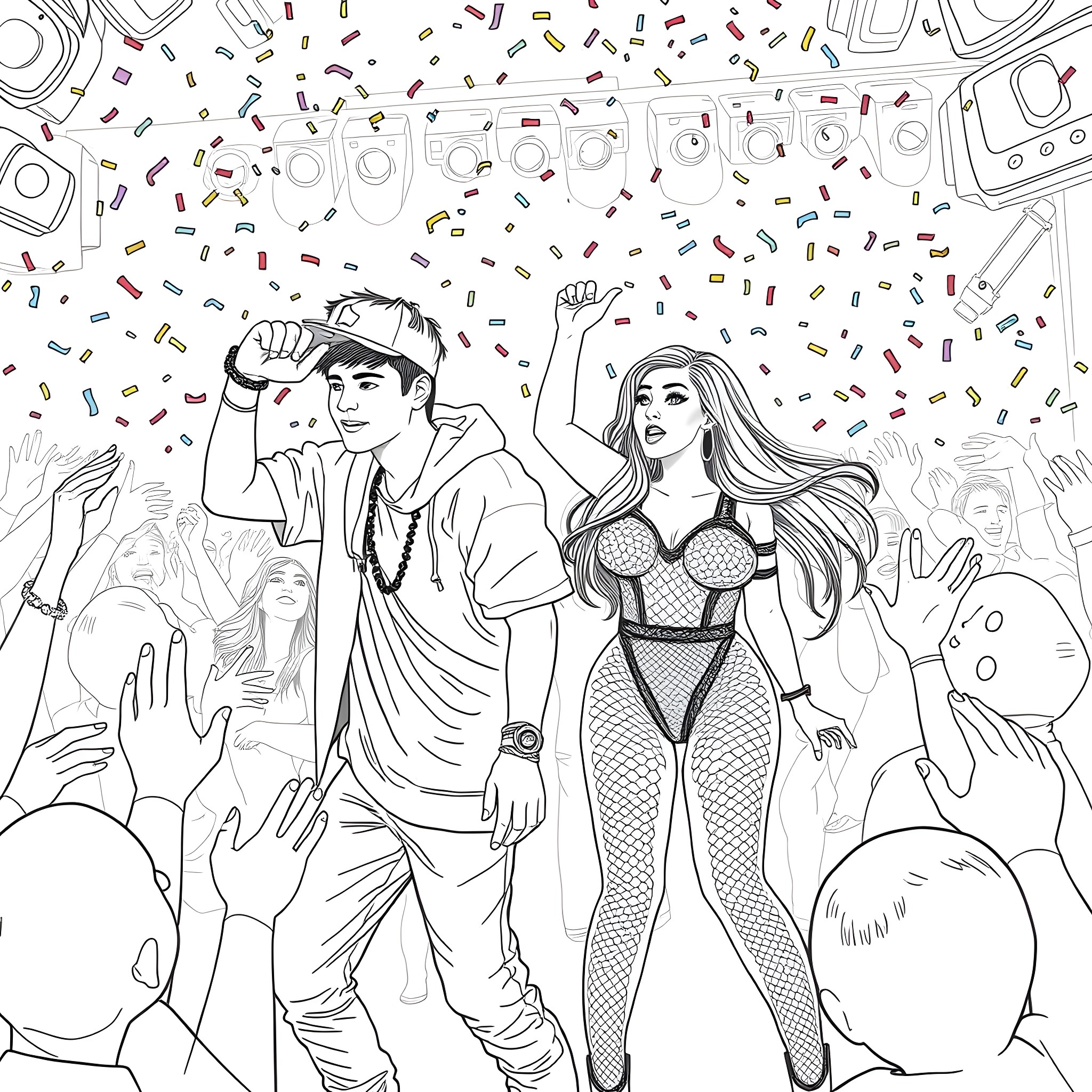 Justin Bieber performing on stage with a female singer Coloring Page (free black-and-white line drawing printable PDF for all, from beginners to advanced learners, including children, teens, adults, and seniors)