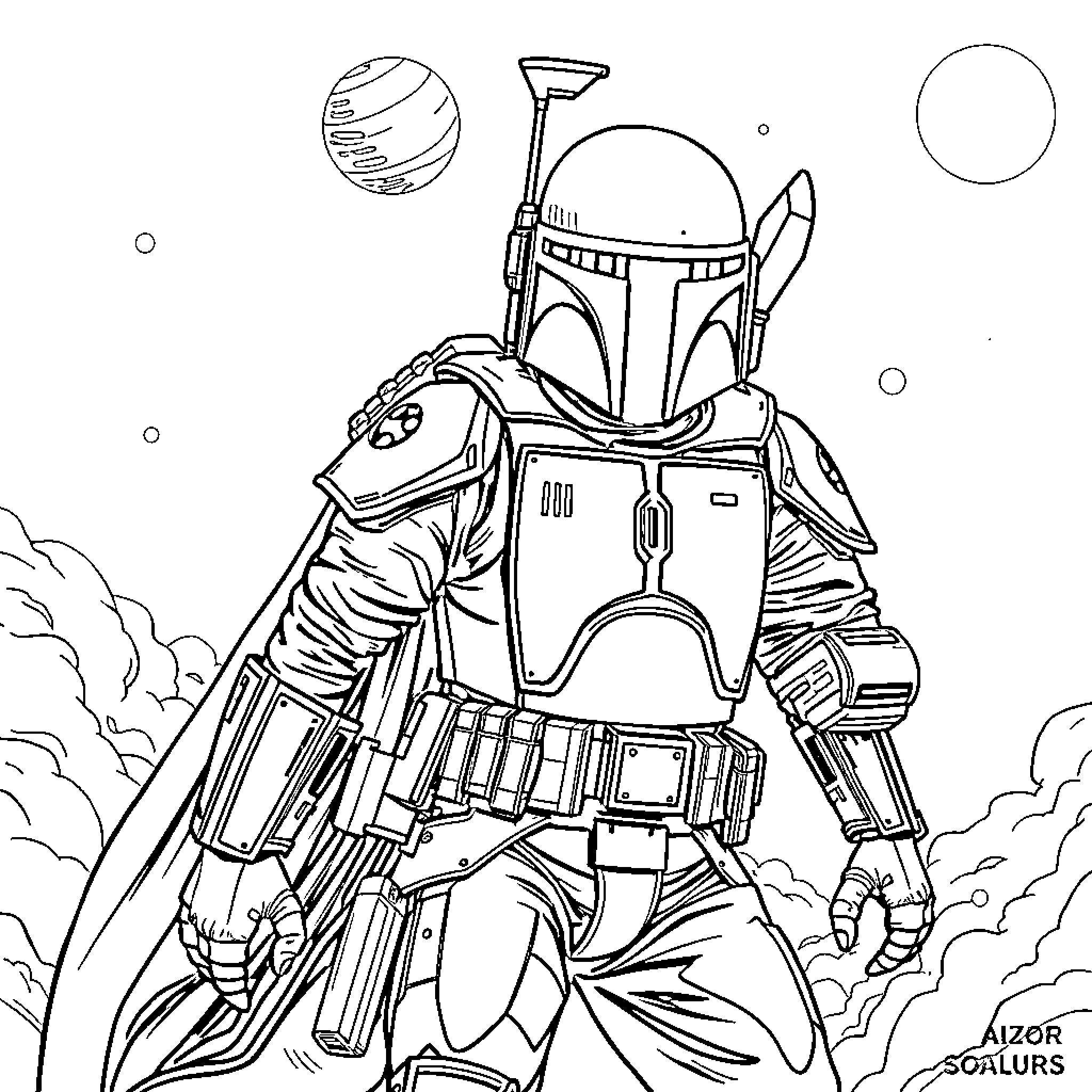 Boba Fett in Action with Futuristic Landscape Coloring Page (free black-and-white line drawing printable PDF for all, from beginners to advanced learners, including children, teens, adults, and seniors)