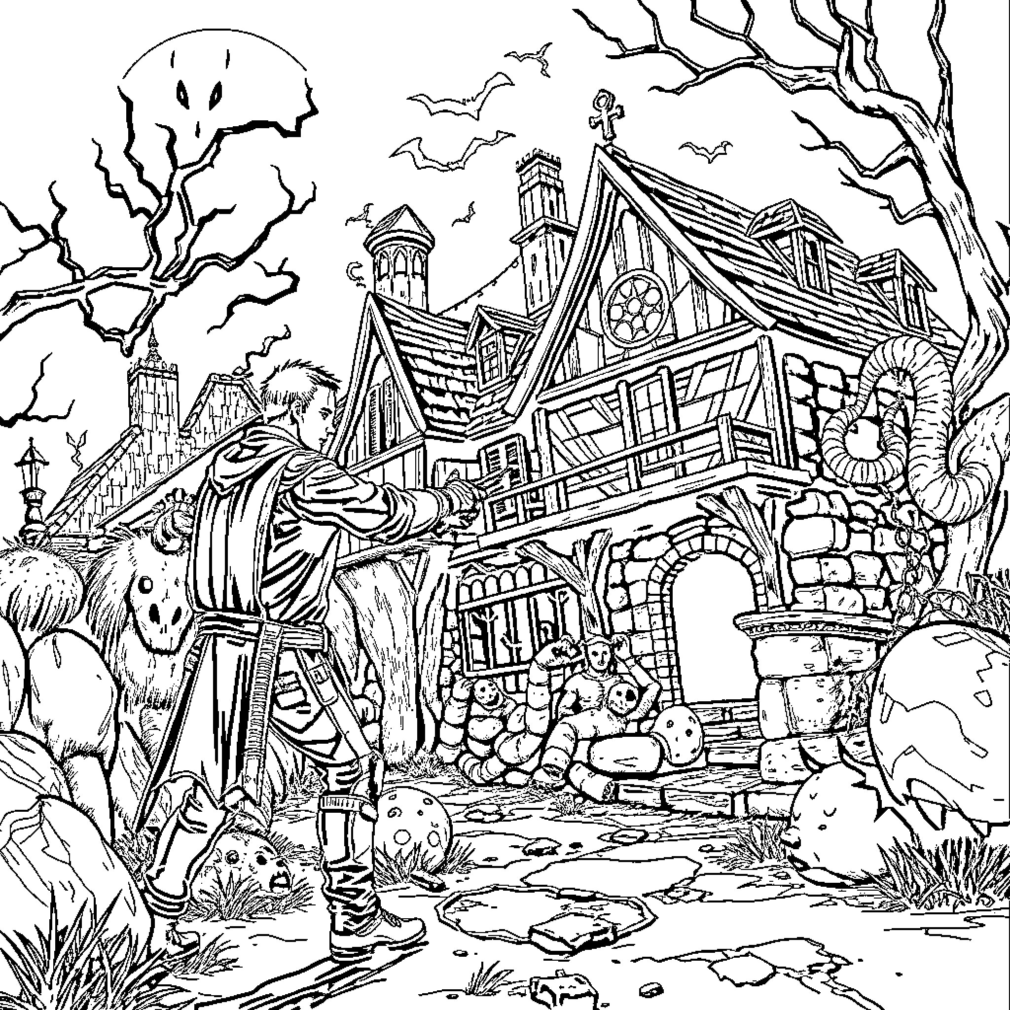 Resident Evil: Haunted House and Supernatural Creatures Coloring Page (free black-and-white line drawing printable PDF for all, from beginners to advanced learners, including children, teens, adults, and seniors)