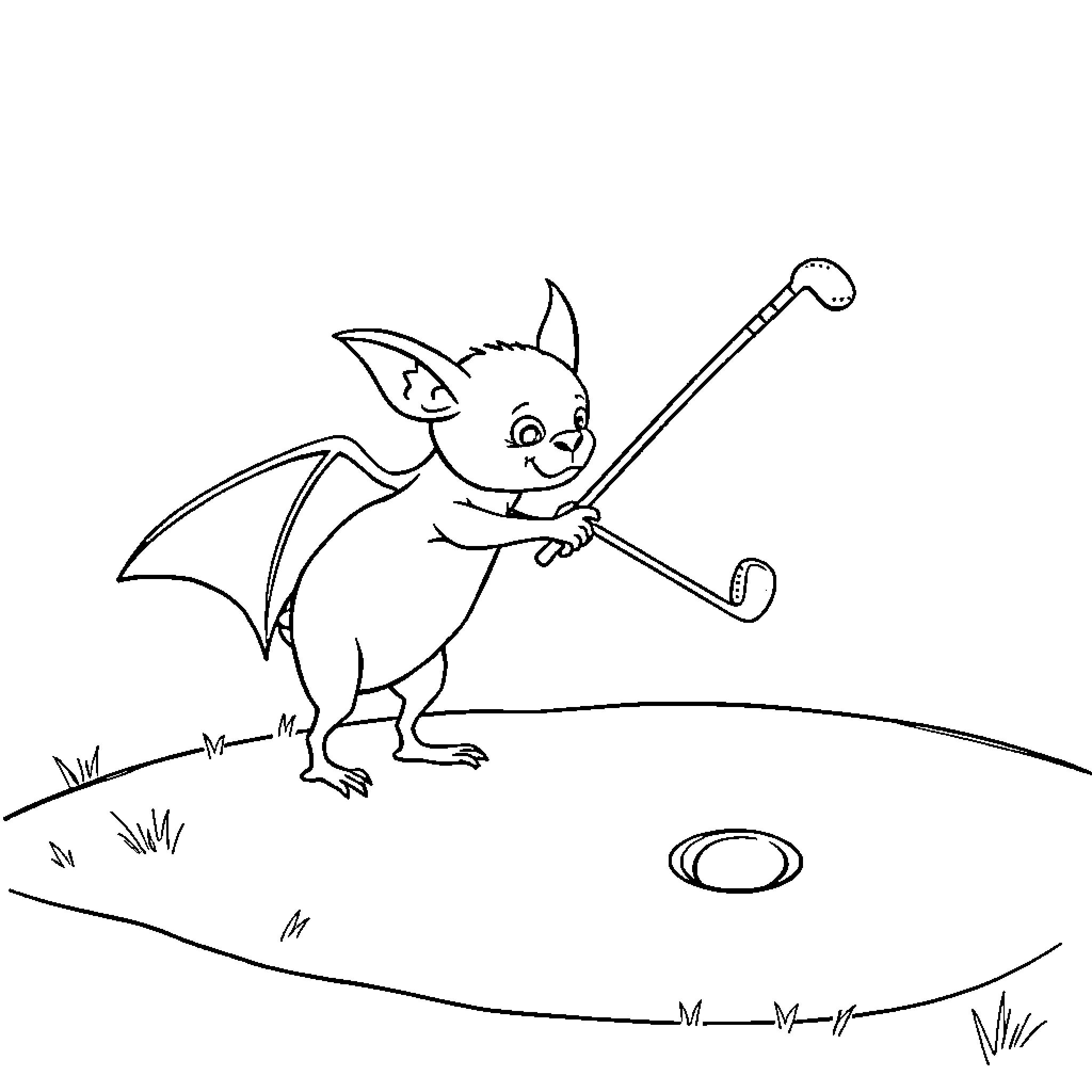 Bat swinging golf club on grass Coloring Page (free black-and-white line drawing printable PDF for all, from beginners to advanced learners, including children, teens, adults, and seniors)