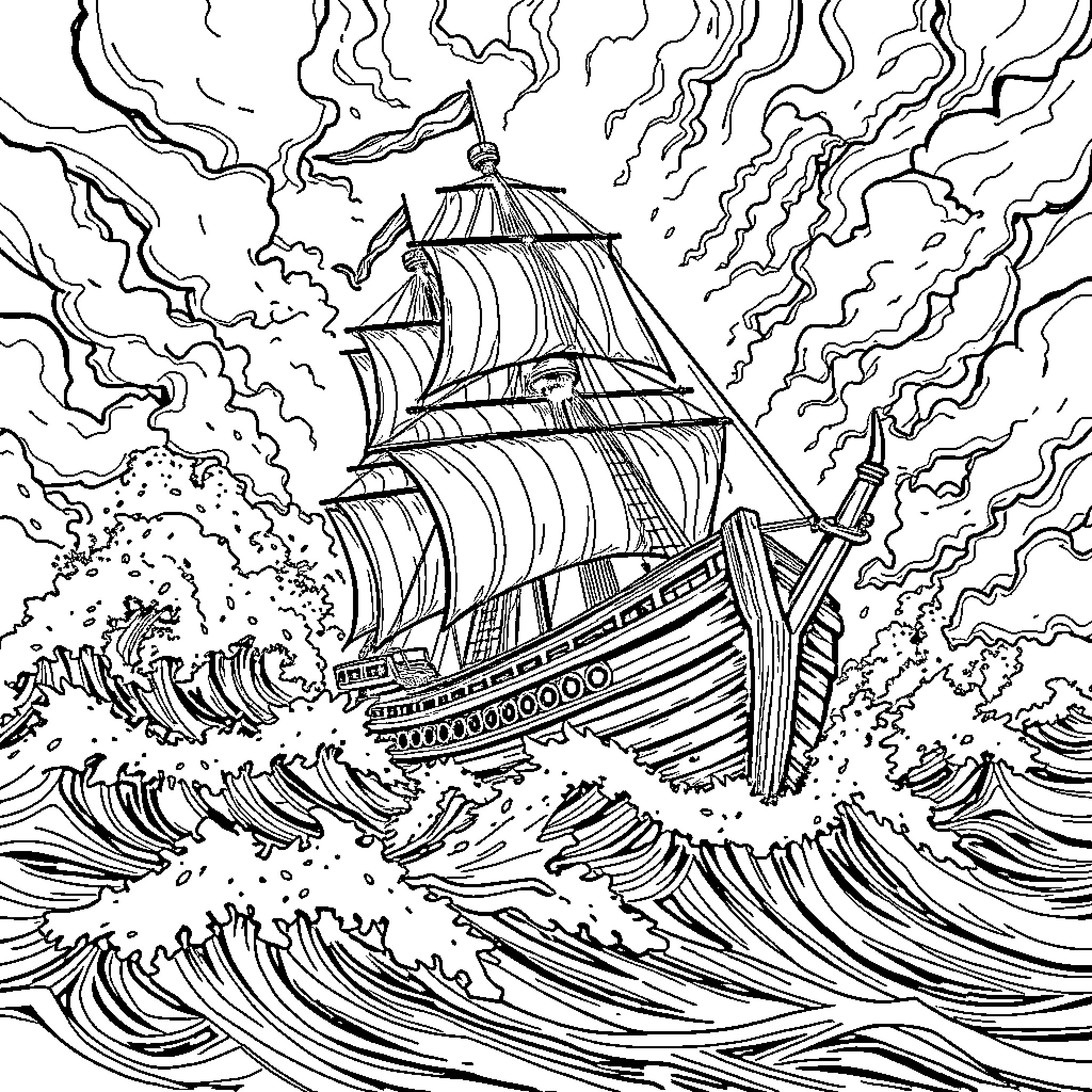 Pirate Ship Sailing Through Stormy Seas Coloring Page (free black-and-white line drawing printable PDF for all, from beginners to advanced learners, including children, teens, adults, and seniors)