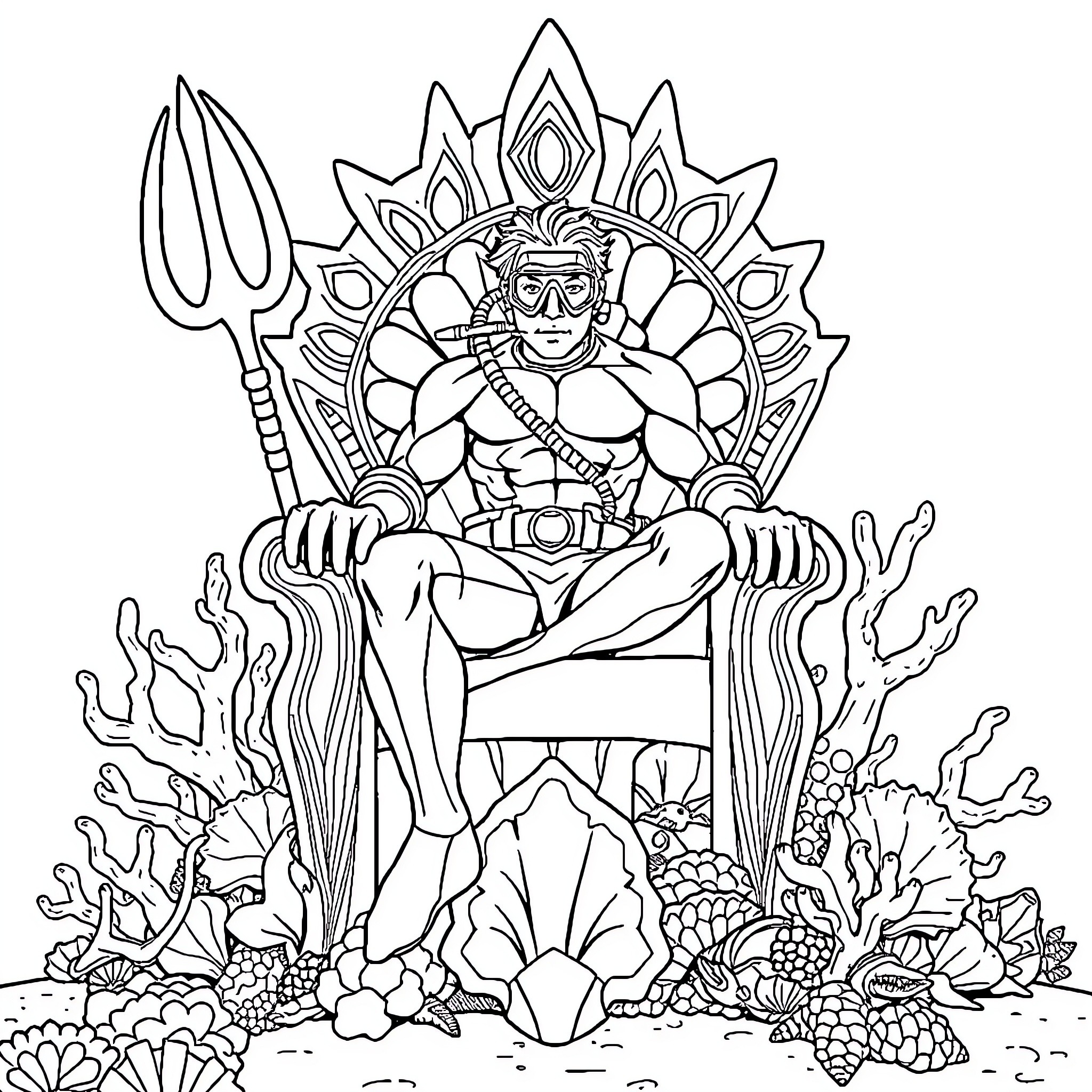 Scuba Diver exploring vibrant underwater world Coloring Page (free black-and-white line drawing printable PDF for all, from beginners to advanced learners, including children, teens, adults, and seniors)