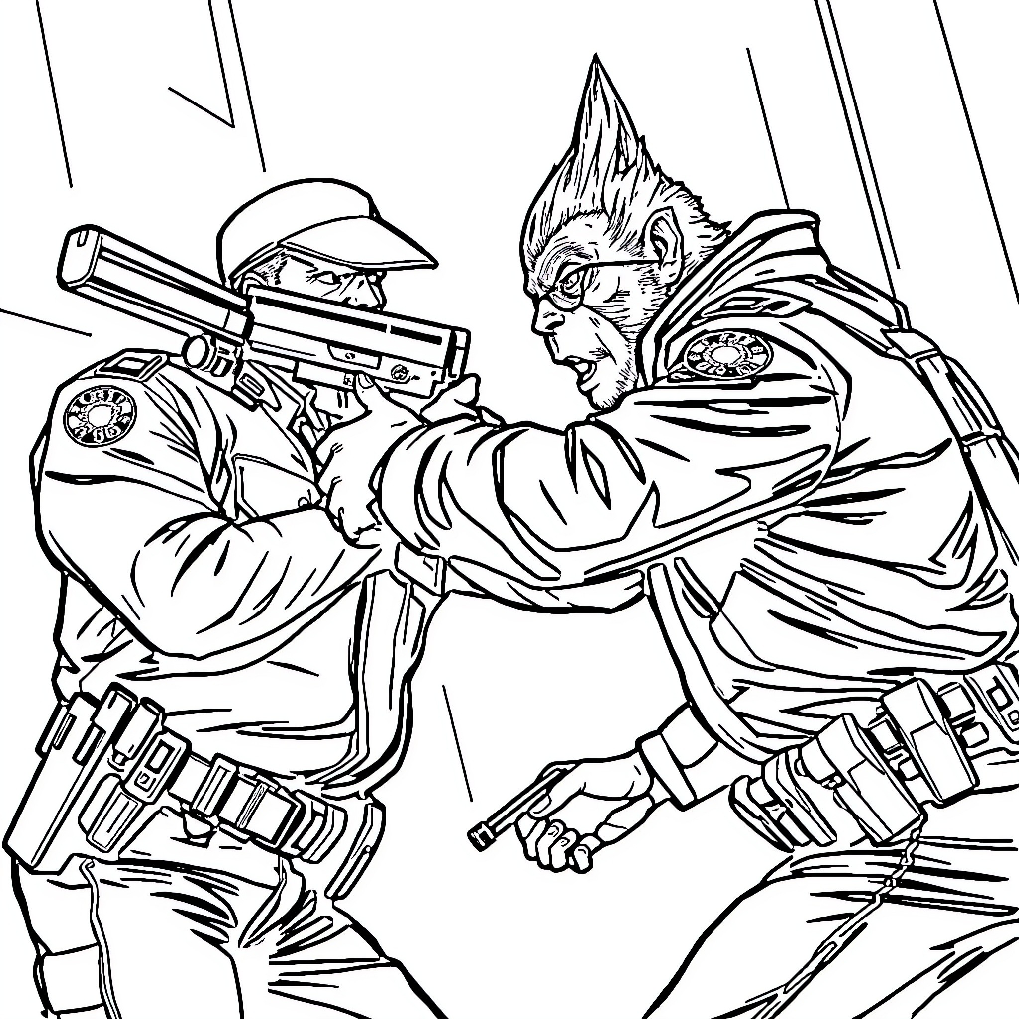 Policier confrontation with armed assailant Coloring Page (free black-and-white line drawing printable PDF for all, from beginners to advanced learners, including children, teens, adults, and seniors)