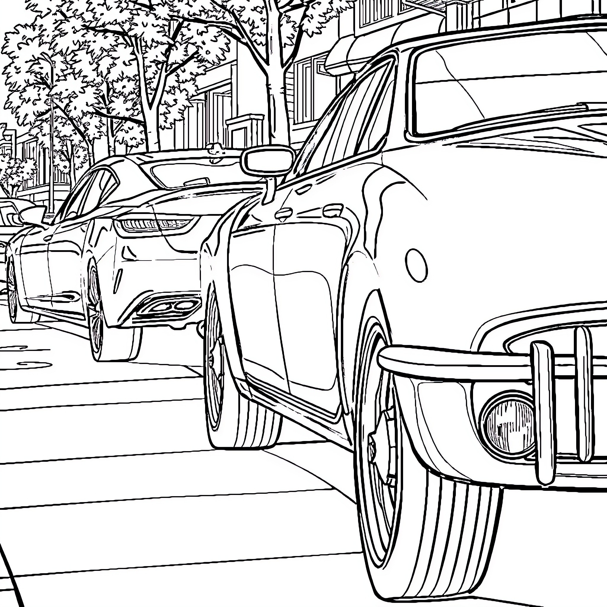 Car parked on city street with trees Coloring Page (free black-and-white line drawing printable PDF for all, from beginners to advanced learners, including children, teens, adults, and seniors)