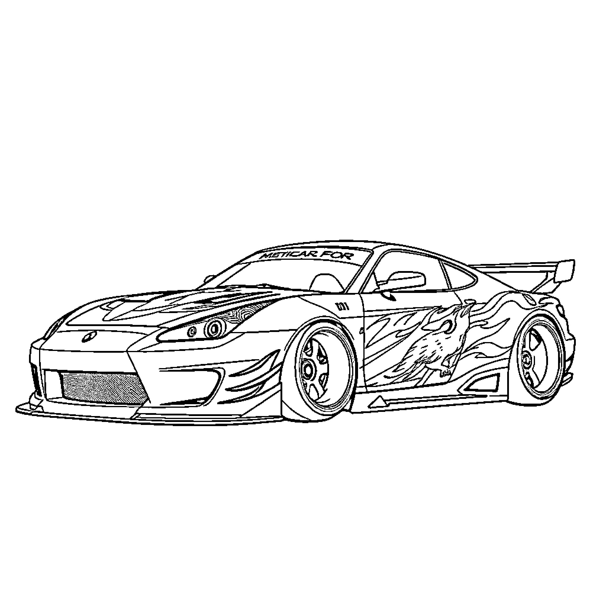 Car with racing design and decals Coloring Page (free black-and-white line drawing printable PDF for all, from beginners to advanced learners, including children, teens, adults, and seniors)