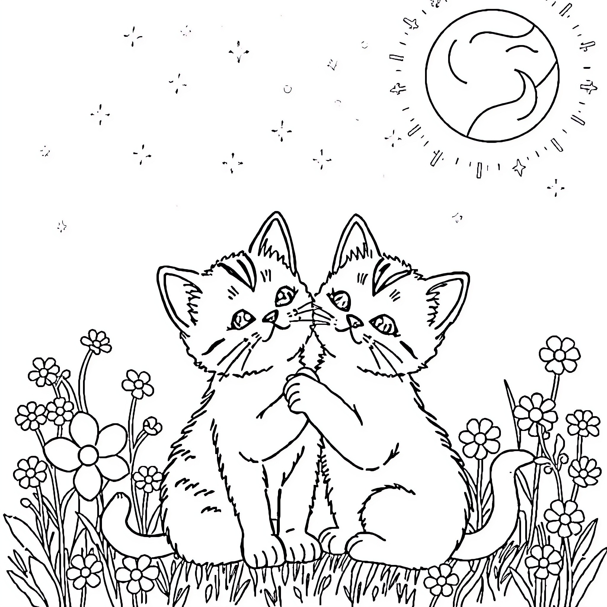 Cat playing in a field of flowers under the moonlight Coloring Page (free black-and-white line drawing printable PDF for all, from beginners to advanced learners, including children, teens, adults, and seniors)