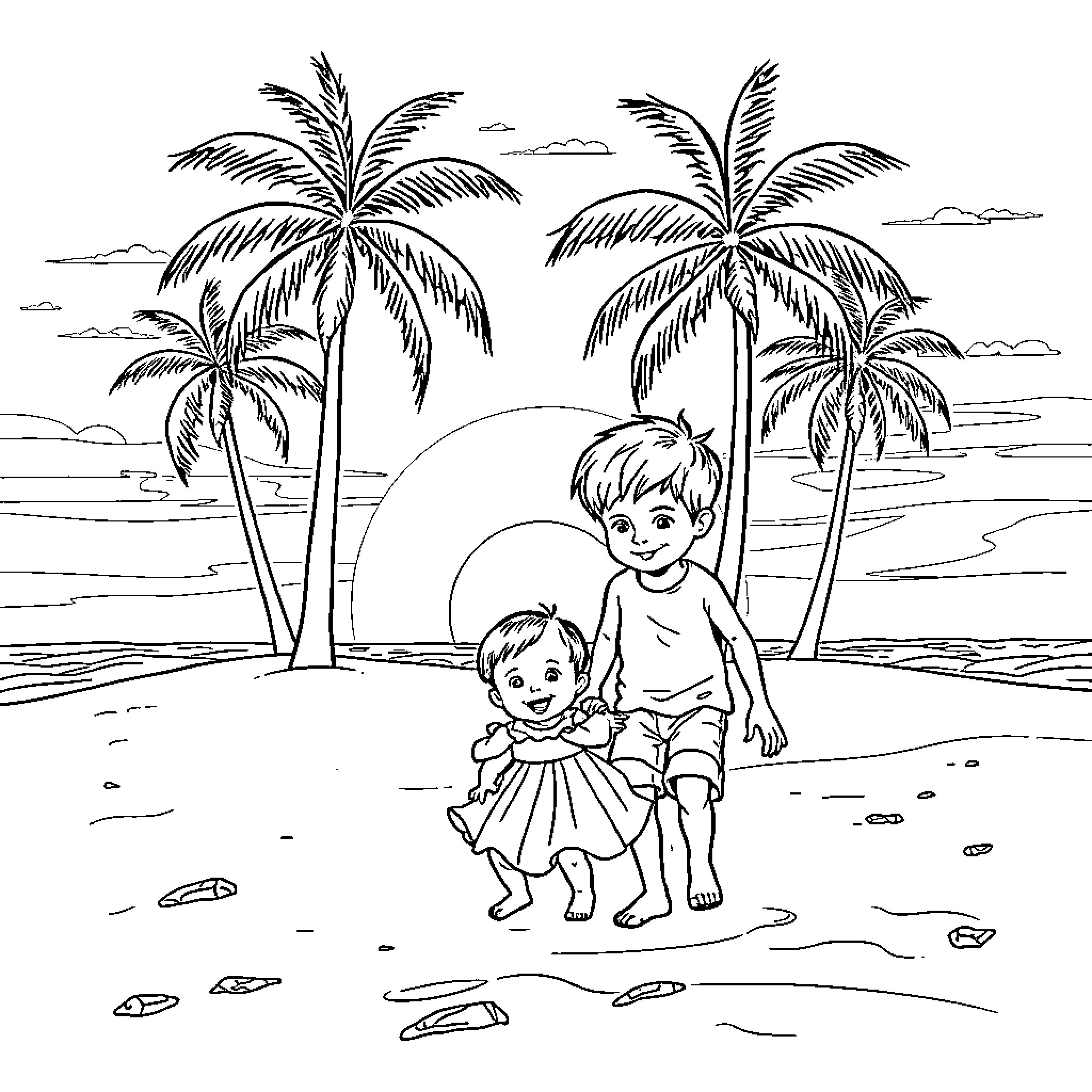 Child playing in the tropical paradise Coloring Page (free black-and-white line drawing printable PDF for all, from beginners to advanced learners, including children, teens, adults, and seniors)