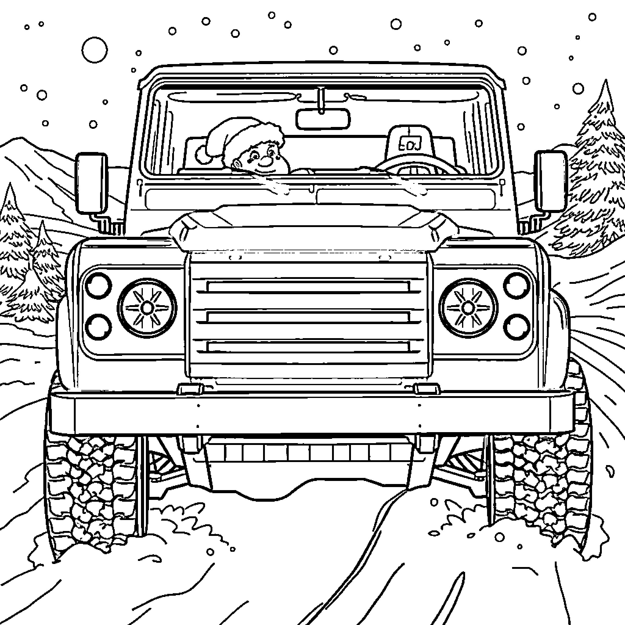 Père Noël's Snowy Adventure in the Offroad Vehicle Coloring Page (free black-and-white line drawing printable PDF for all, from beginners to advanced learners, including children, teens, adults, and seniors)