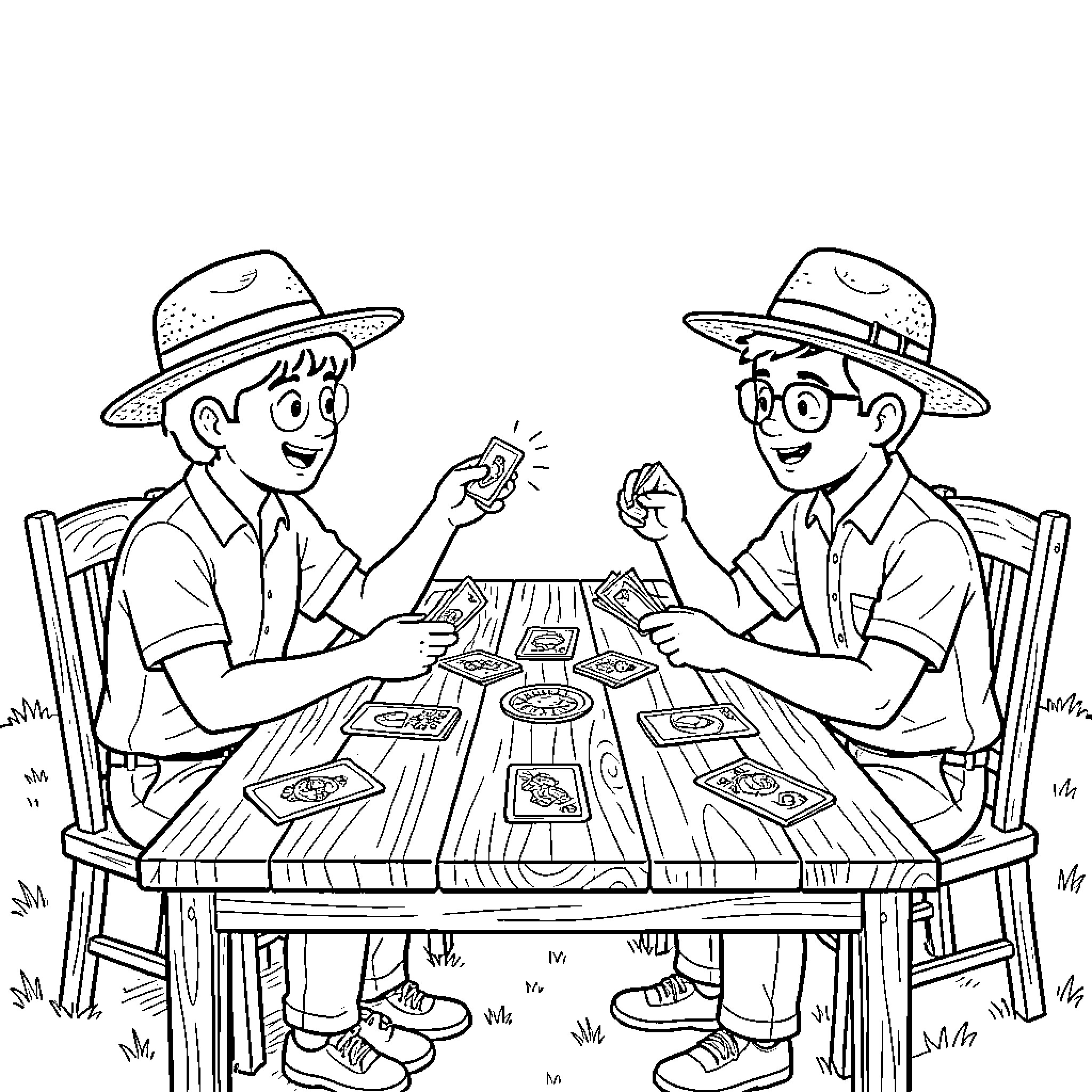 Team of boys playing cards at a table Coloring Page (free black-and-white line drawing printable PDF for all, from beginners to advanced learners, including children, teens, adults, and seniors)