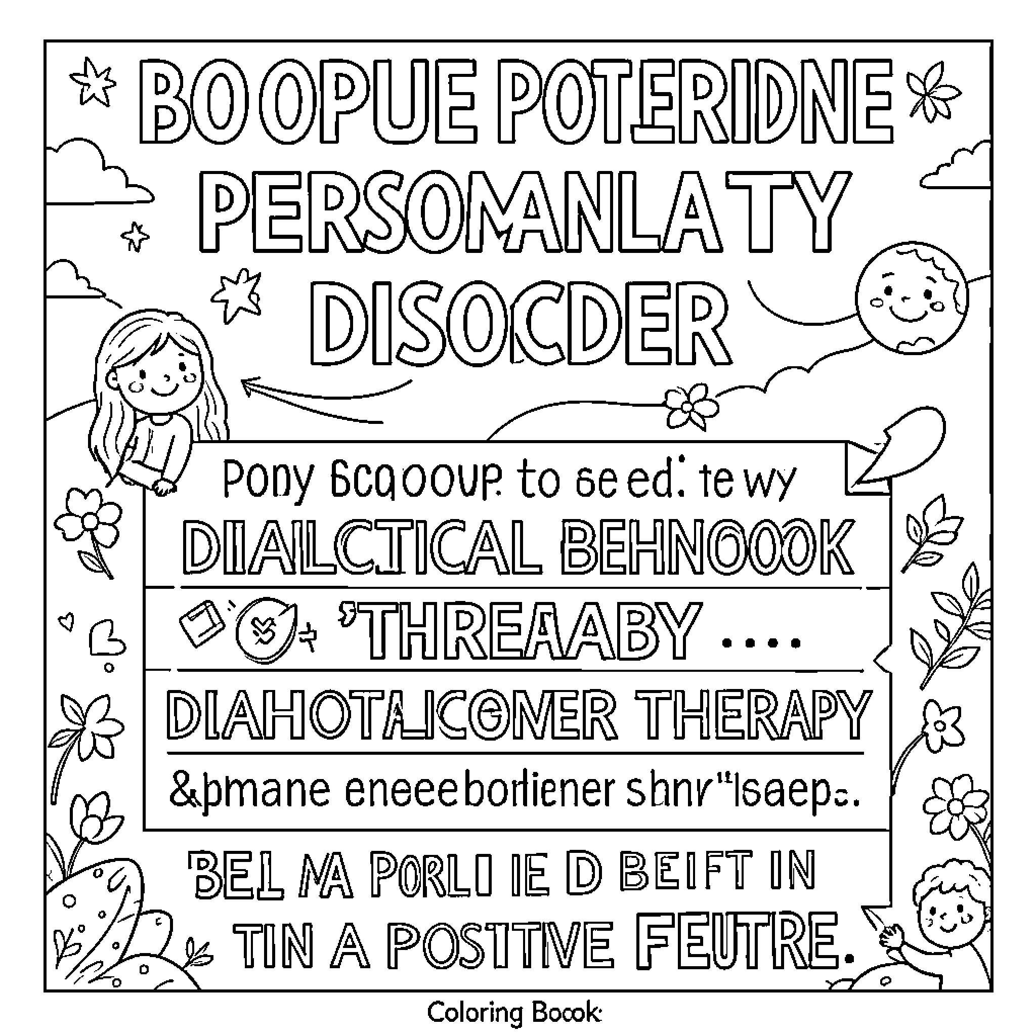 Borderline Personality Disorder text with whimsical characters and flowers Coloring Page (free black-and-white line drawing printable PDF for all, from beginners to advanced learners, including children, teens, adults, and seniors)
