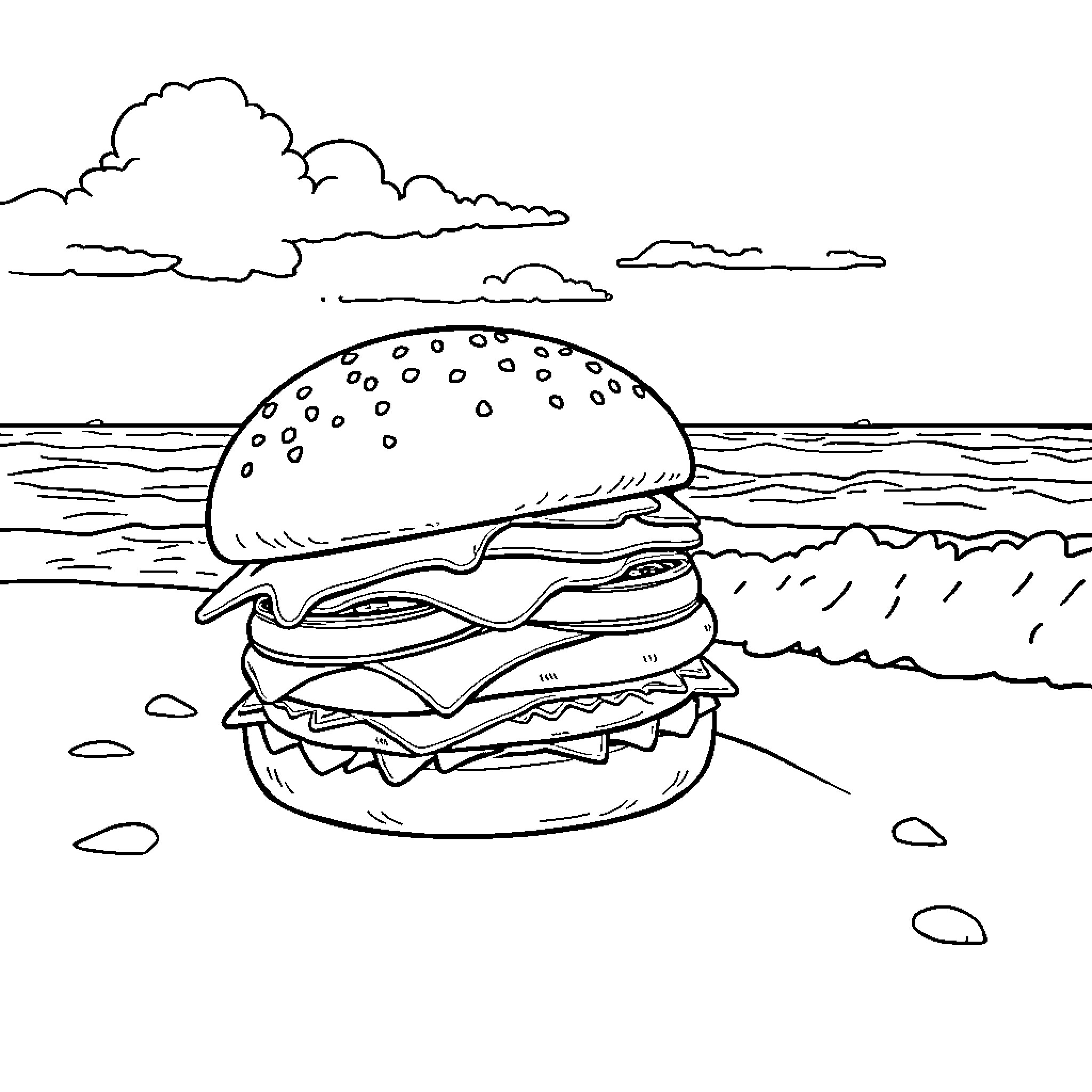 Burger washed up on the beach Coloring Page (free black-and-white line drawing printable PDF for all, from beginners to advanced learners, including children, teens, adults, and seniors)