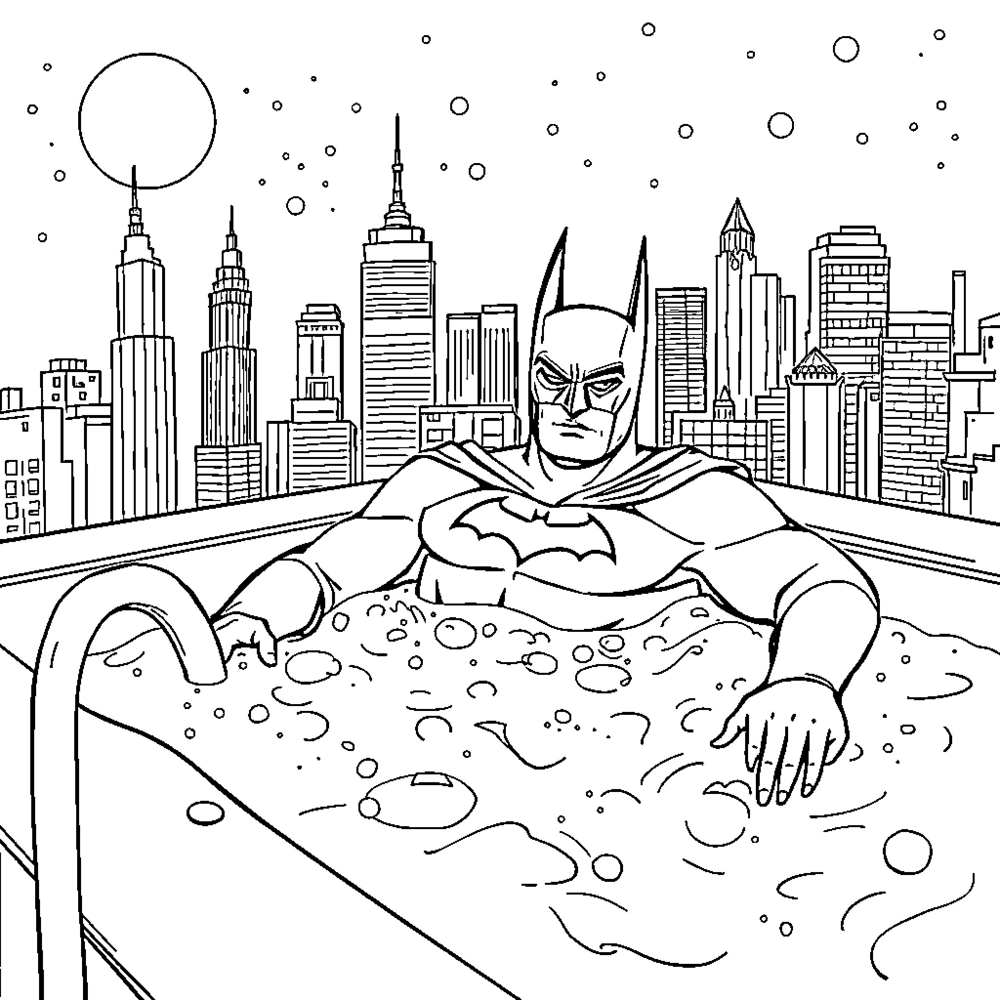 Batman in the Gotham City skyline Coloring Page (free black-and-white line drawing printable PDF for all, from beginners to advanced learners, including children, teens, adults, and seniors)