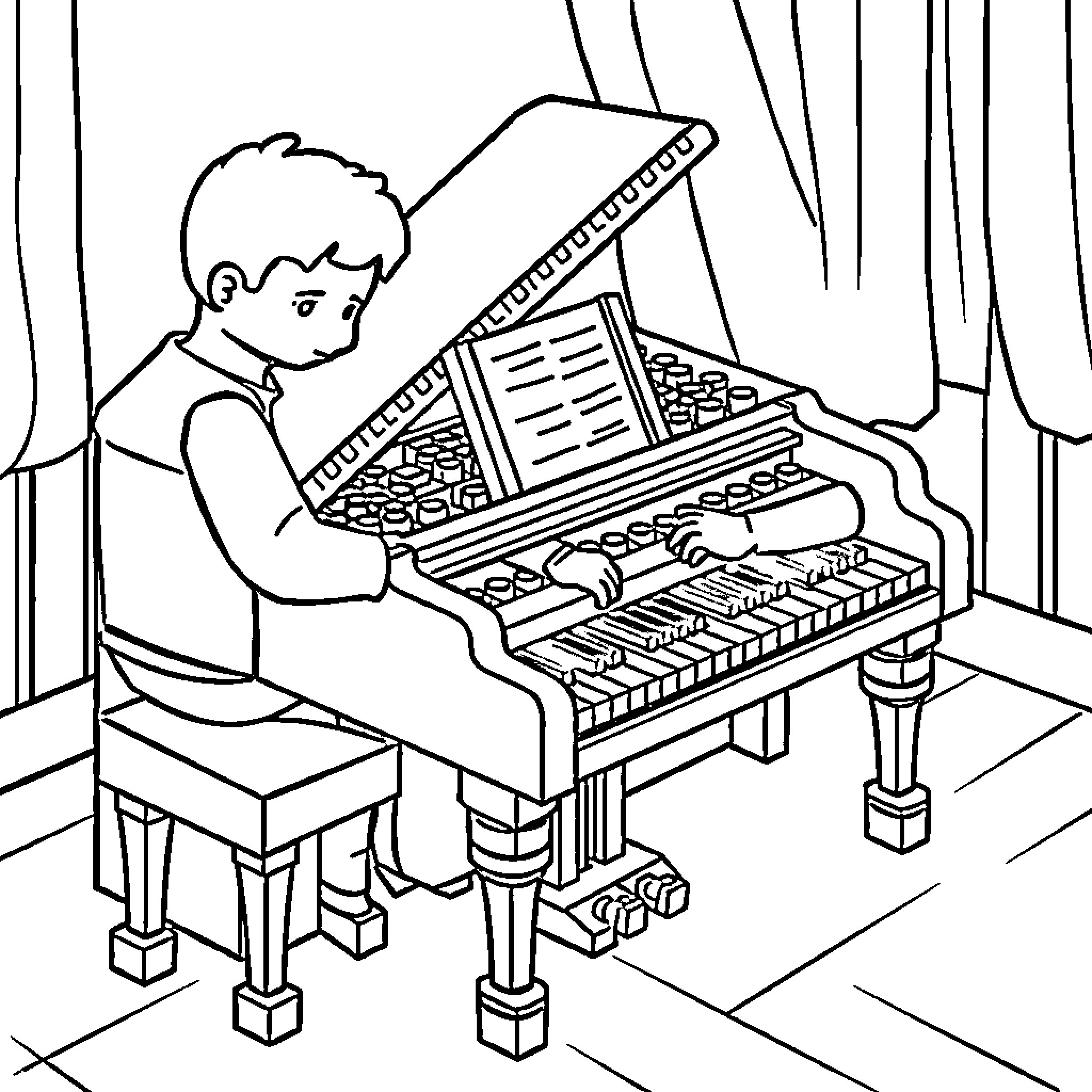 Lego Master Plays Grand Piano in Elegant Room Coloring Page (free black-and-white line drawing printable PDF for all, from beginners to advanced learners, including children, teens, adults, and seniors)