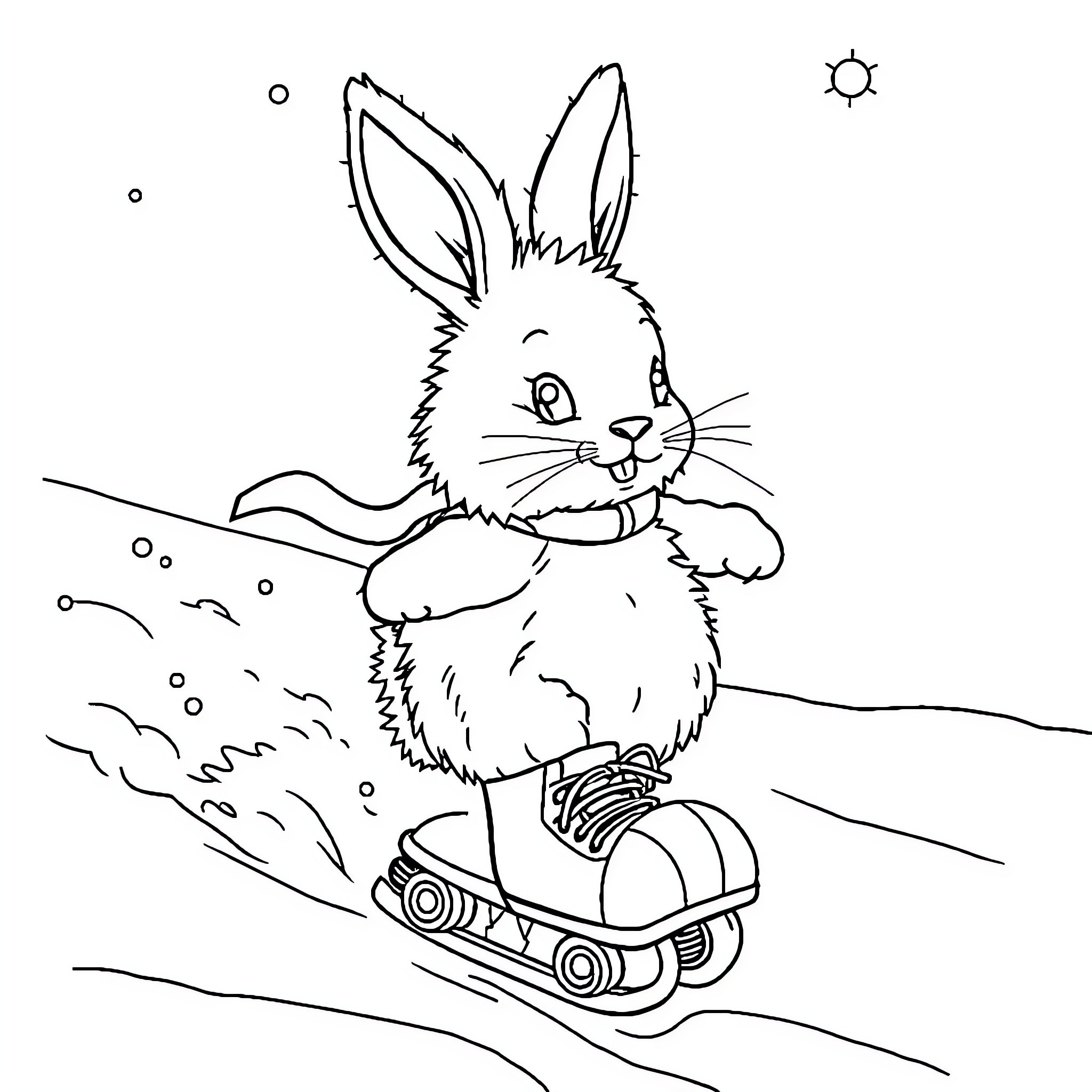 Bunny sledding happily on a snowy day Coloring Page (free black-and-white line drawing printable PDF for all, from beginners to advanced learners, including children, teens, adults, and seniors)