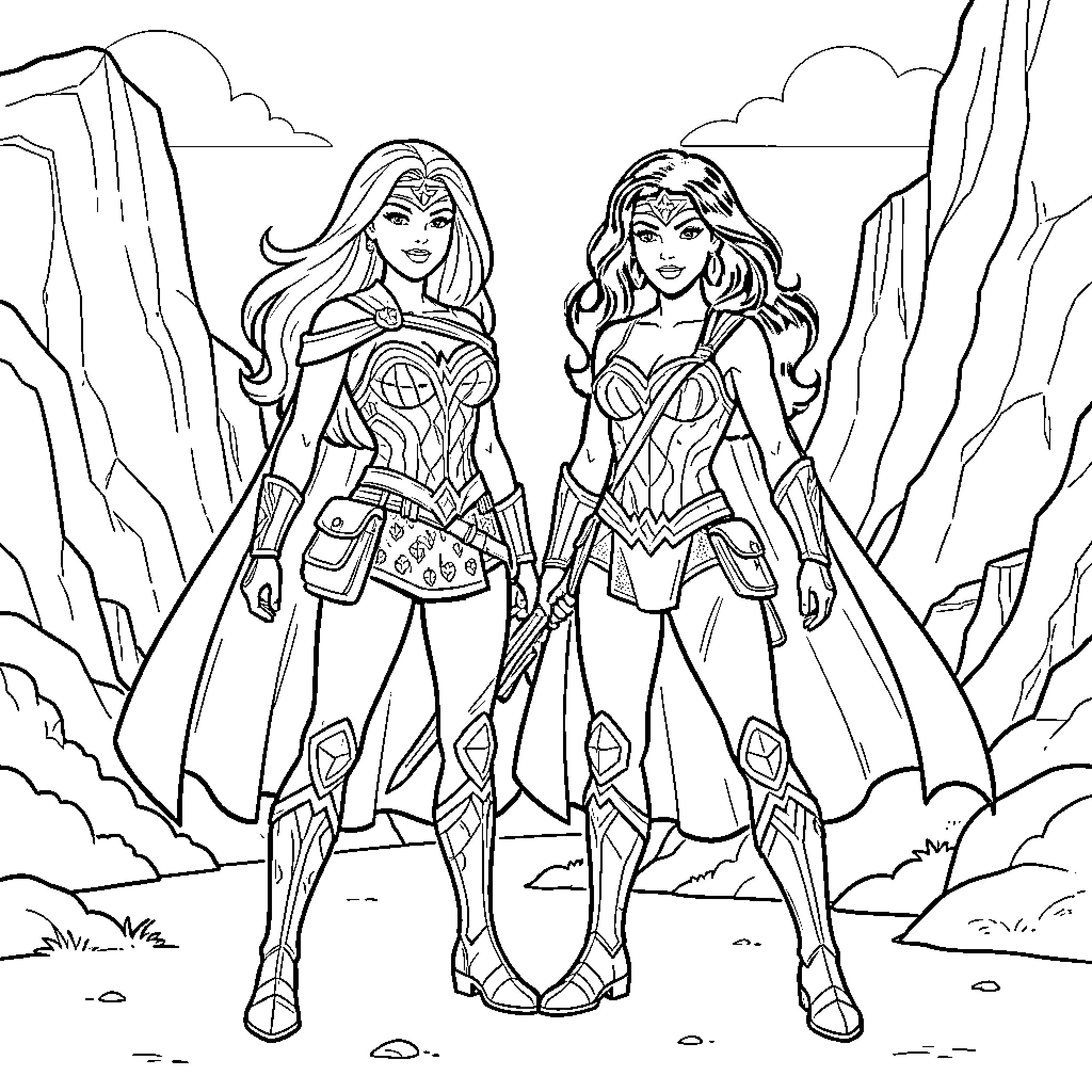 Barbie superhero duo in heroic poses Coloring Page (free black-and-white line drawing printable PDF for all, from beginners to advanced learners, including children, teens, adults, and seniors)