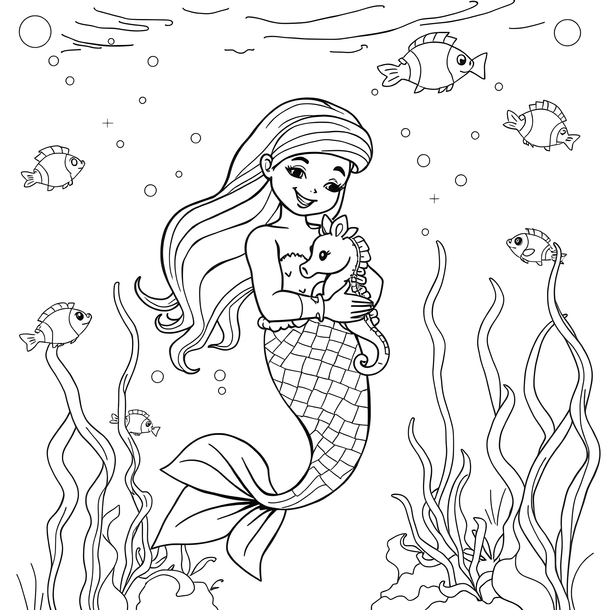 Mermaid holding a baby mermaid in the underwater sea Coloring Page (free black-and-white line drawing printable PDF for all, from beginners to advanced learners, including children, teens, adults, and seniors)