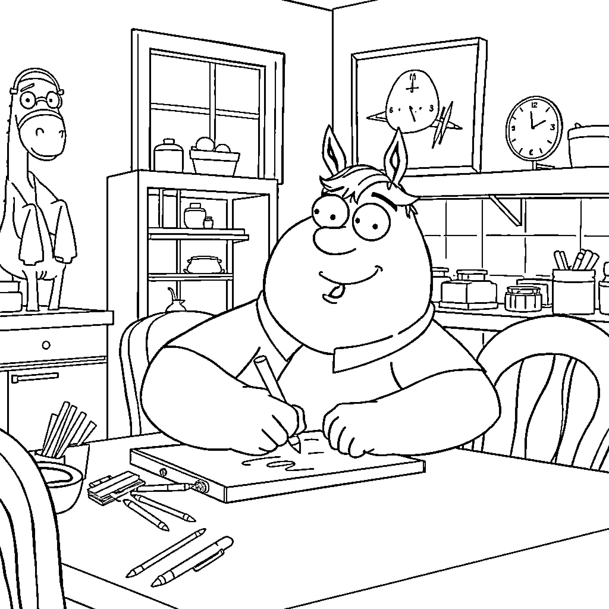 Peter Griffin's Funny Office Antics Coloring Page (free black-and-white line drawing printable PDF for all, from beginners to advanced learners, including children, teens, adults, and seniors)