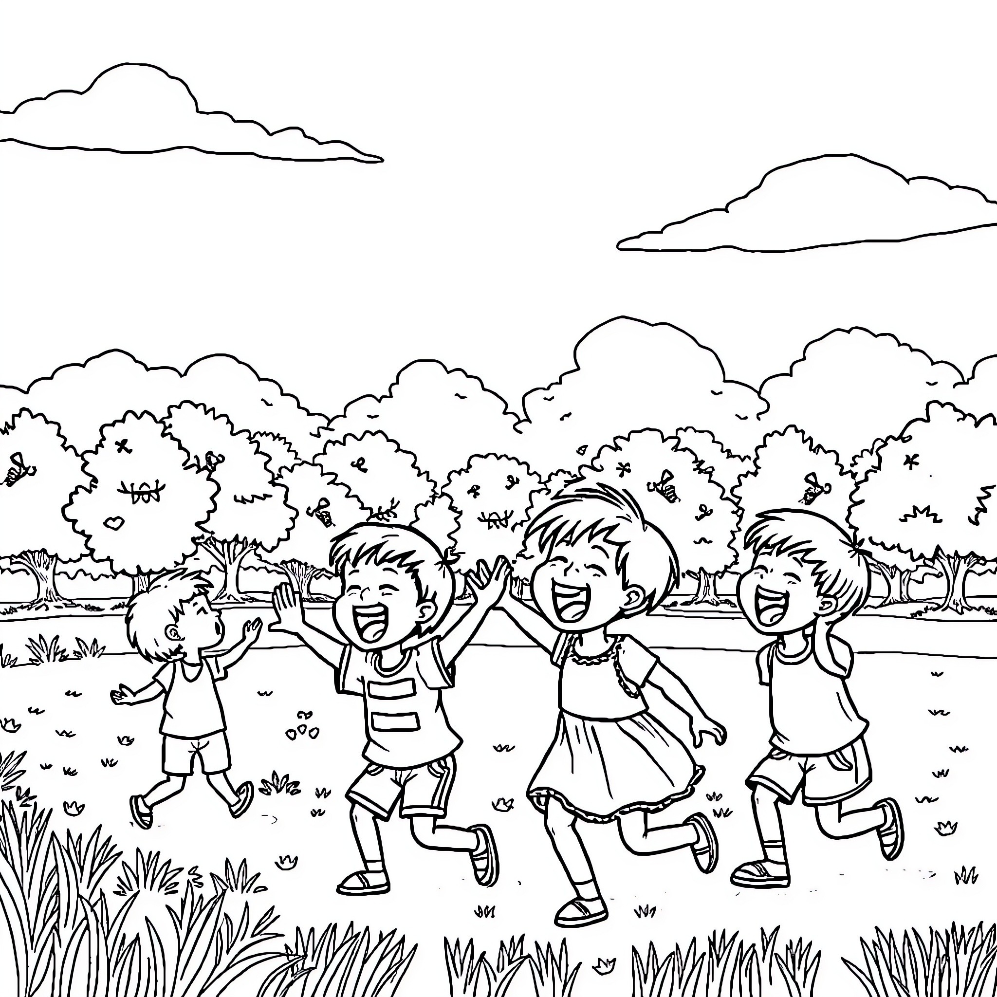 Children playing joyfully in nature Coloring Page (free black-and-white line drawing printable PDF for all, from beginners to advanced learners, including children, teens, adults, and seniors)