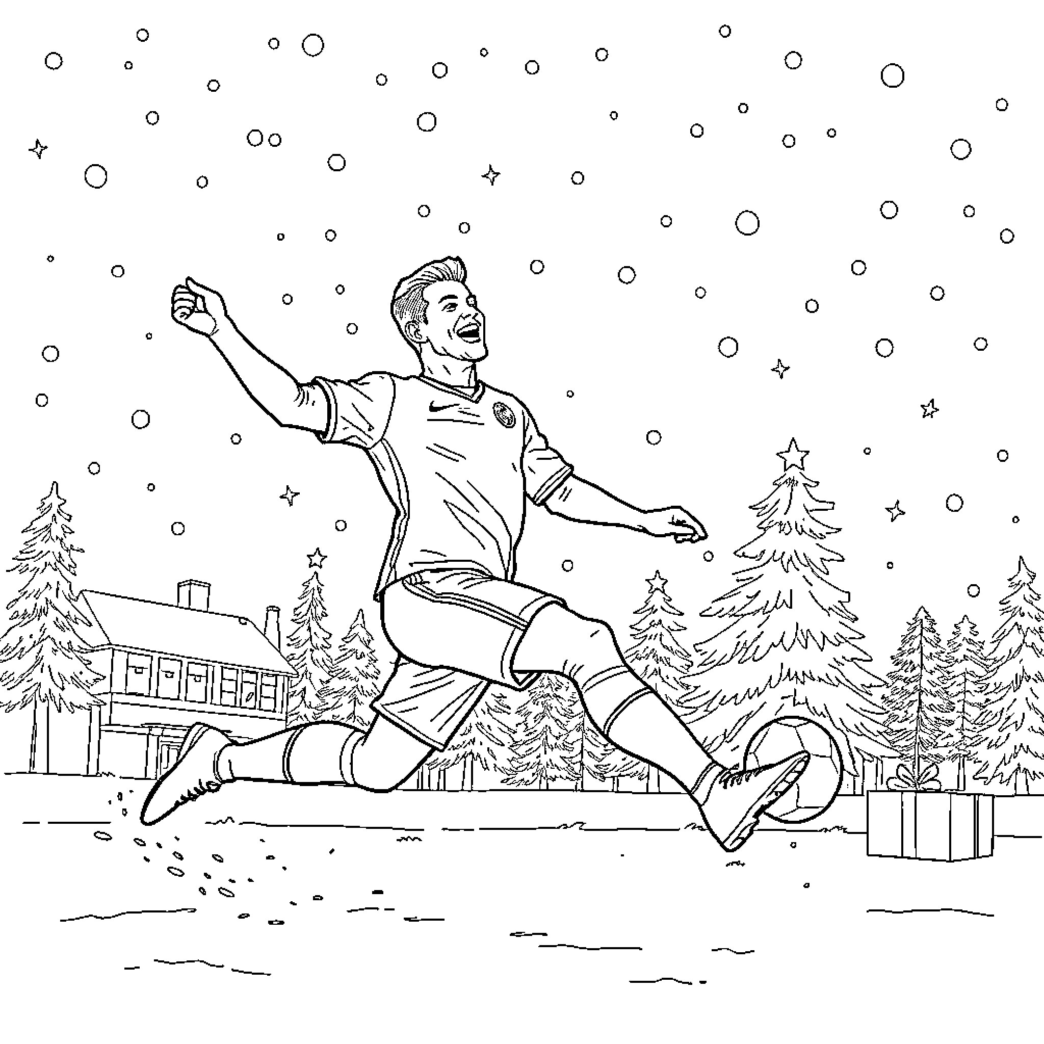 Ronaldo celebrating a goal in the snowy winter landscape Coloring Page (free black-and-white line drawing printable PDF for all, from beginners to advanced learners, including children, teens, adults, and seniors)