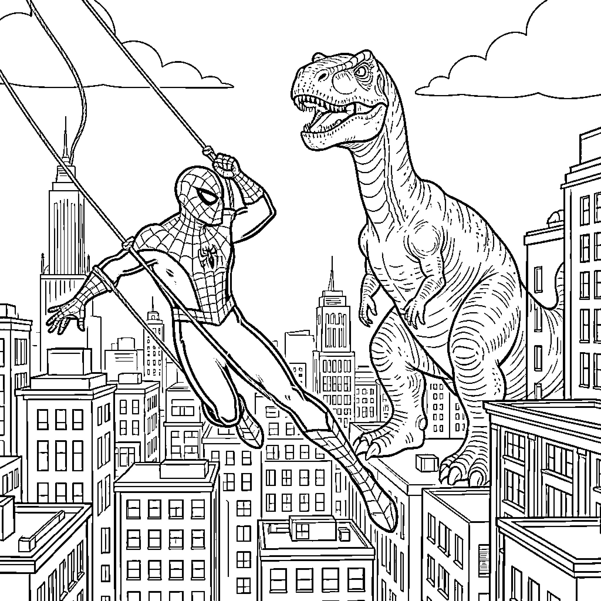 Spiderman swinging through a city with a dinosaur Coloring Page (free black-and-white line drawing printable PDF for all, from beginners to advanced learners, including children, teens, adults, and seniors)