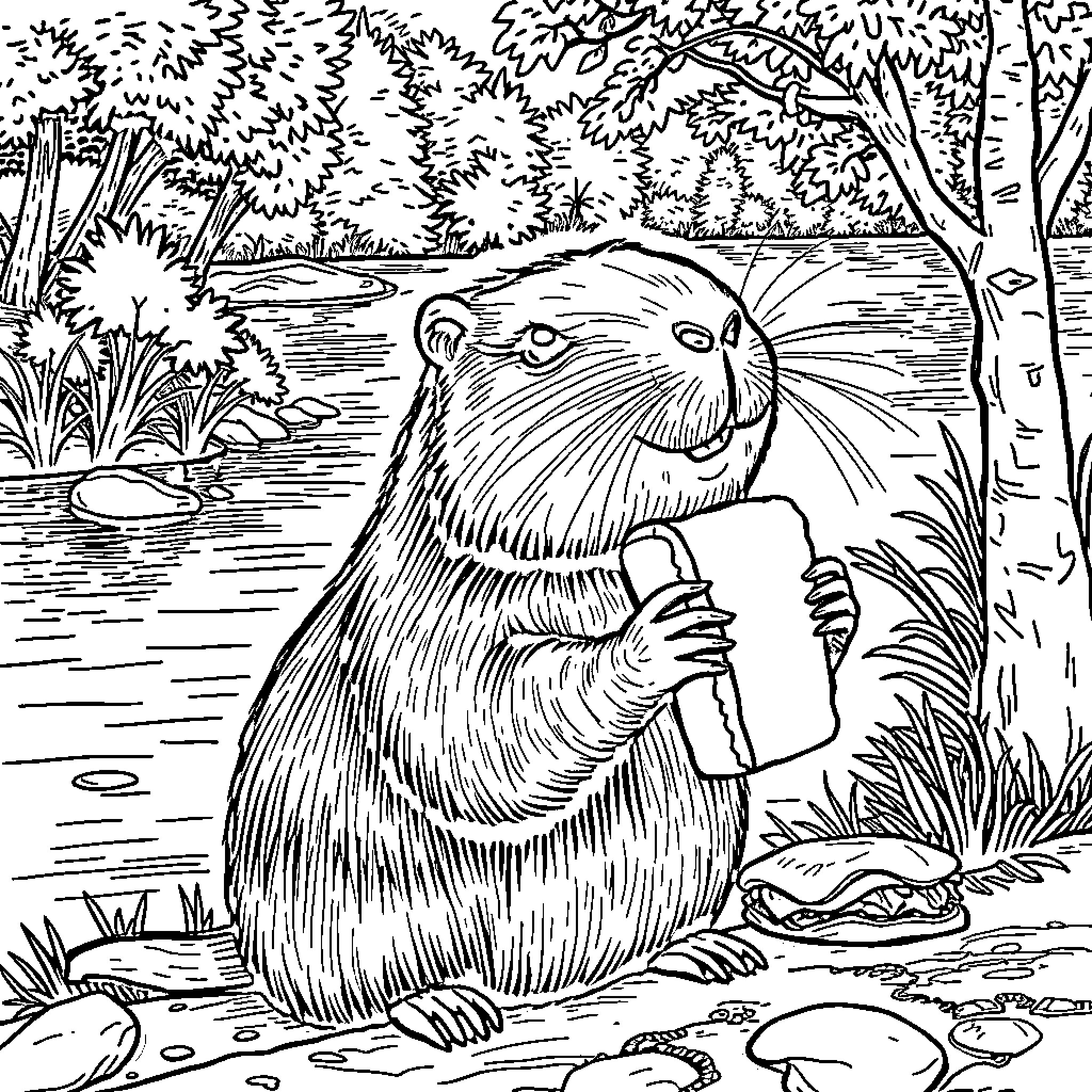 Capybara relaxing peacefully by the pond Coloring Page (free black-and-white line drawing printable PDF for all, from beginners to advanced learners, including children, teens, adults, and seniors)
