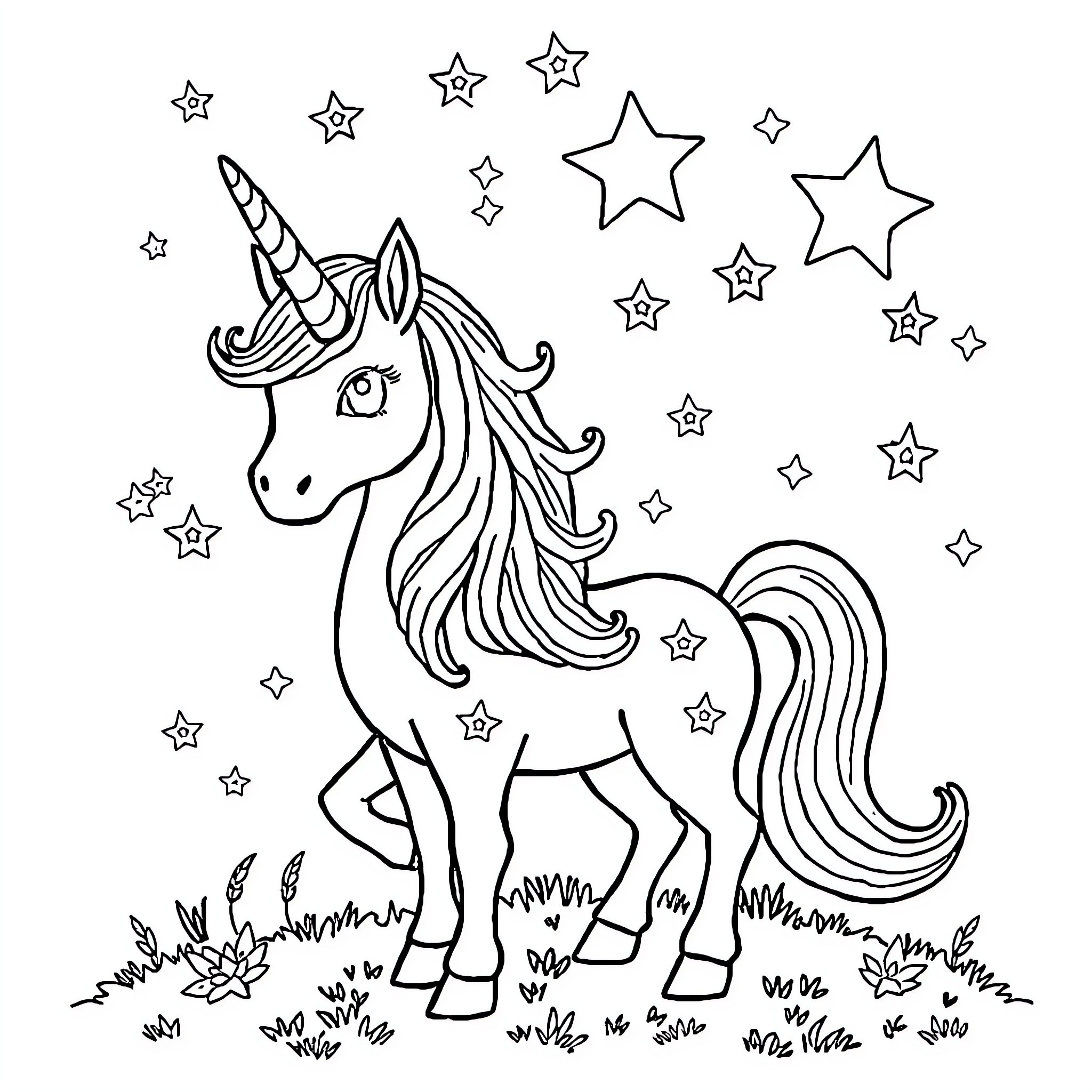 Unicorn surrounded by magical stars Coloring Page (free black-and-white line drawing printable PDF for all, from beginners to advanced learners, including children, teens, adults, and seniors)
