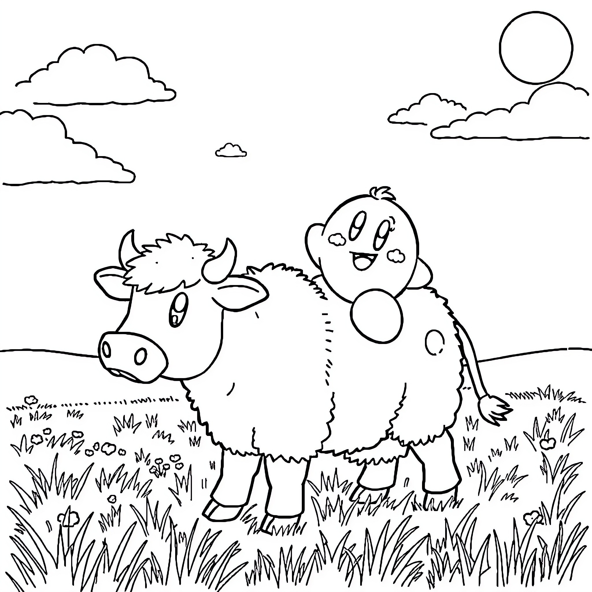 Kirby playing happily with a friendly animal in the meadow Coloring Page (free black-and-white line drawing printable PDF for all, from beginners to advanced learners, including children, teens, adults, and seniors)