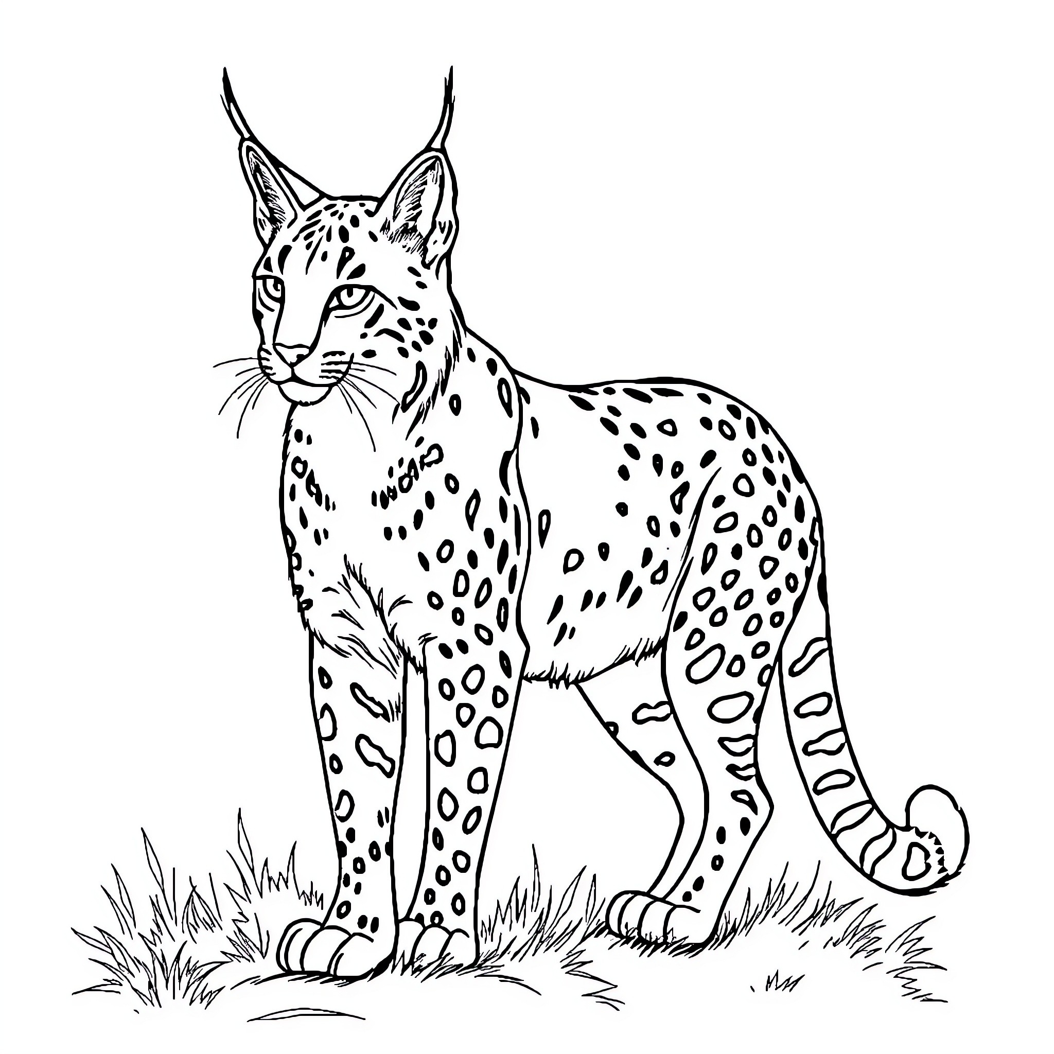 Lynx standing alert in the wild Coloring Page (free black-and-white line drawing printable PDF for all, from beginners to advanced learners, including children, teens, adults, and seniors)