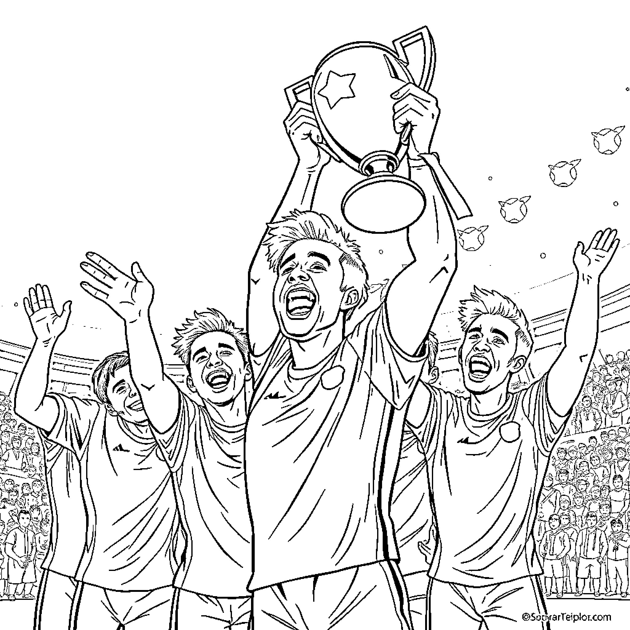 Bat team celebrating victory with trophy Coloring Page (free black-and-white line drawing printable PDF for all, from beginners to advanced learners, including children, teens, adults, and seniors)