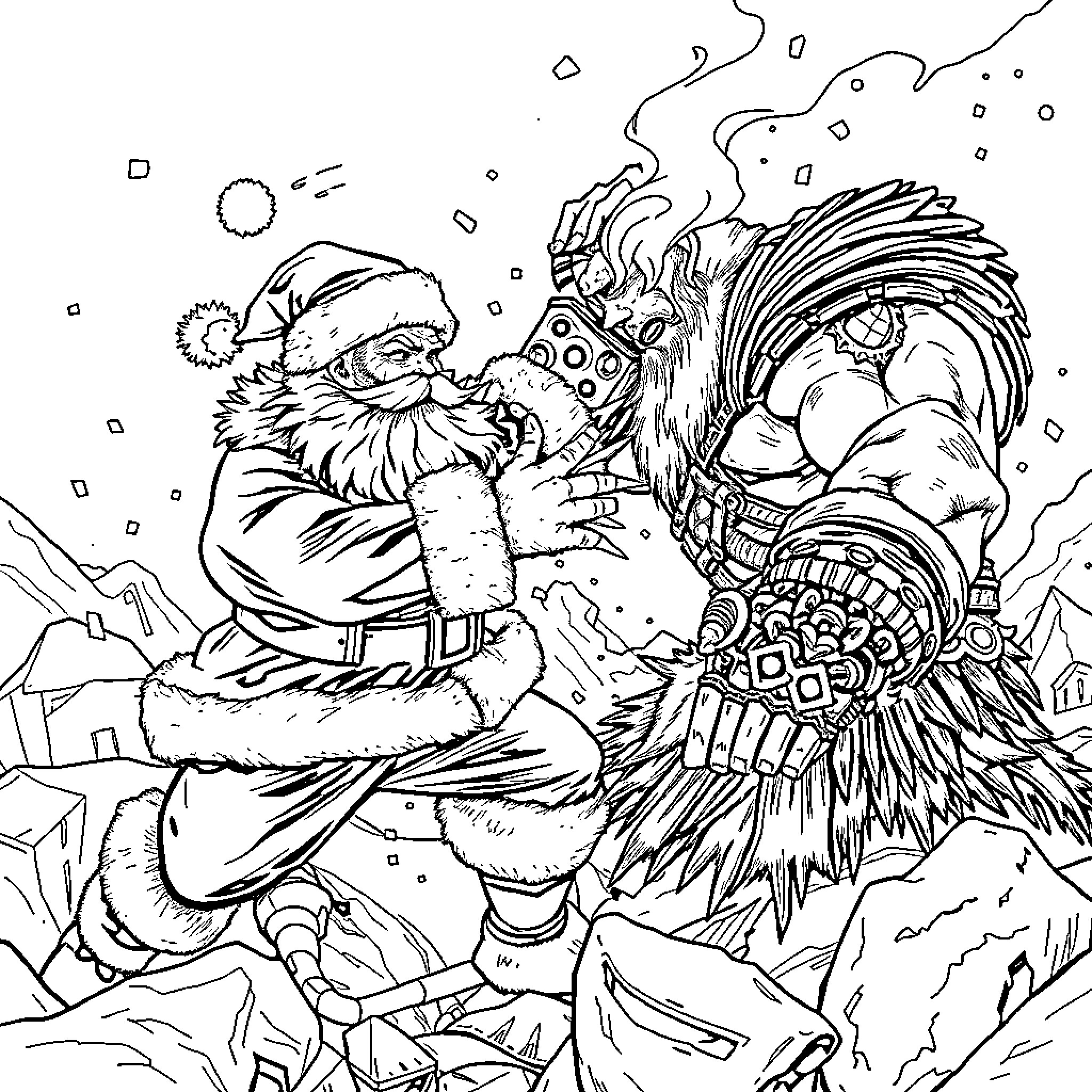 Santa Battles the Fearsome Winter Creature Coloring Page (free black-and-white line drawing printable PDF for all, from beginners to advanced learners, including children, teens, adults, and seniors)
