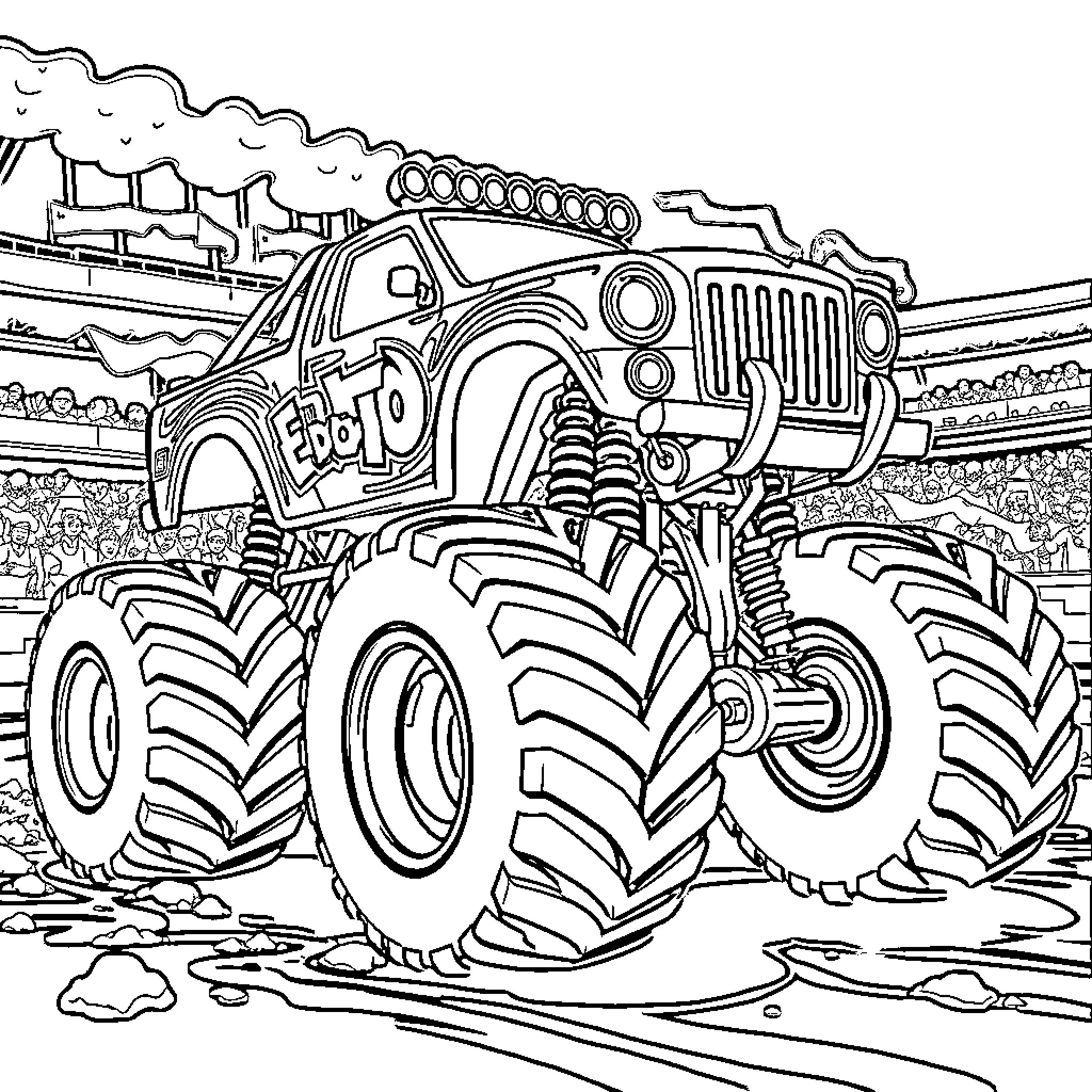 Monster Truck Crushing through Dirt Track Coloring Page (free black-and-white line drawing printable PDF for all, from beginners to advanced learners, including children, teens, adults, and seniors)