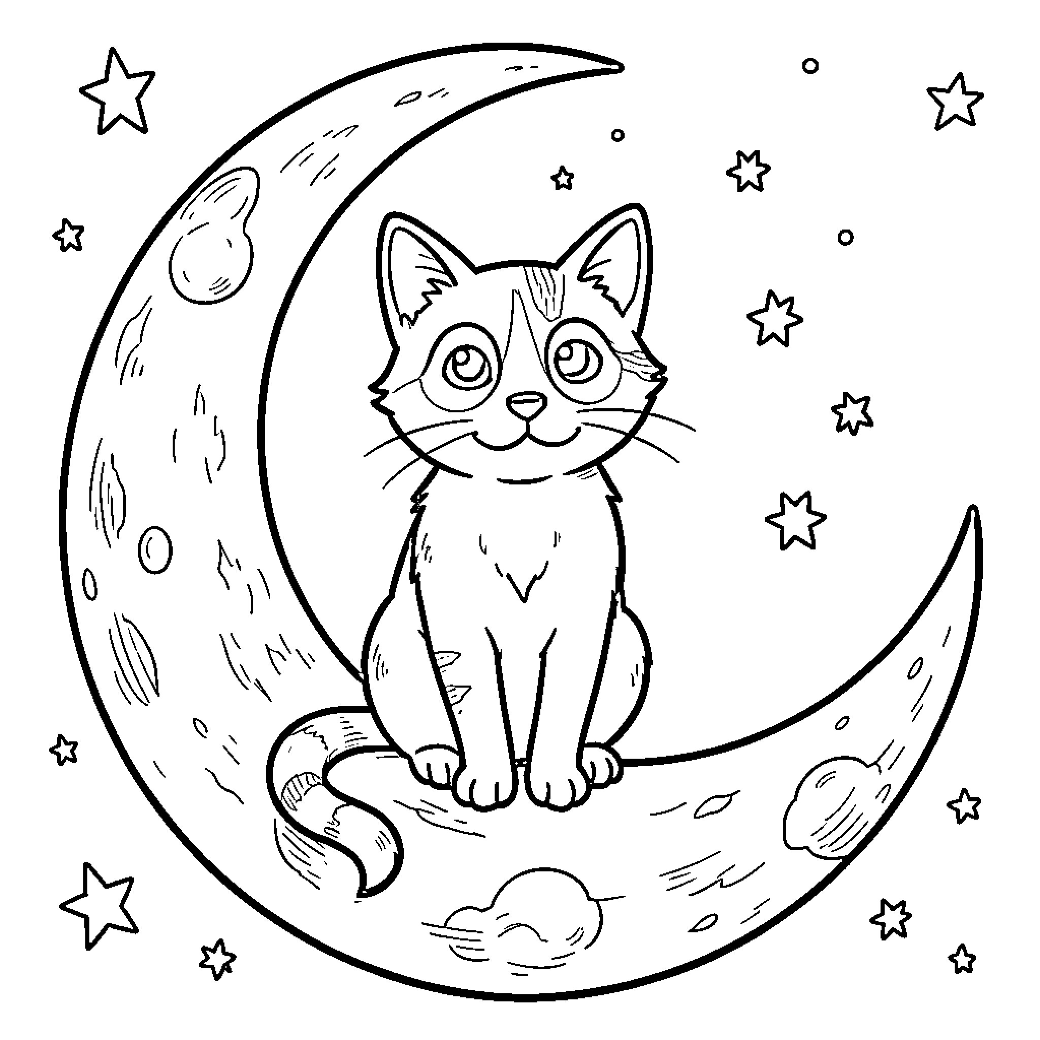 Gato sitting calmly on the crescent moon Coloring Page (free black-and-white line drawing printable PDF for all, from beginners to advanced learners, including children, teens, adults, and seniors)