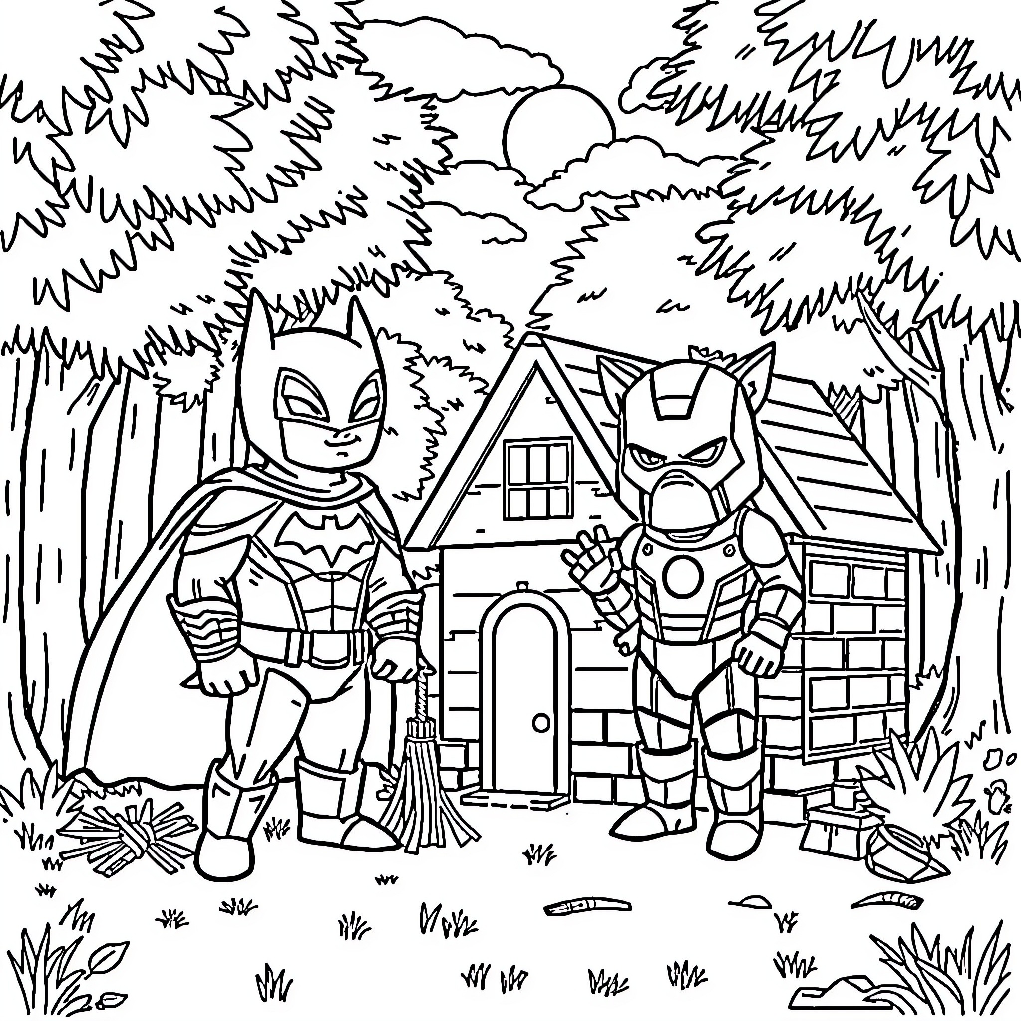 Little Pigs Explore Whimsical Superhero Hideout Coloring Page (free black-and-white line drawing printable PDF for all, from beginners to advanced learners, including children, teens, adults, and seniors)