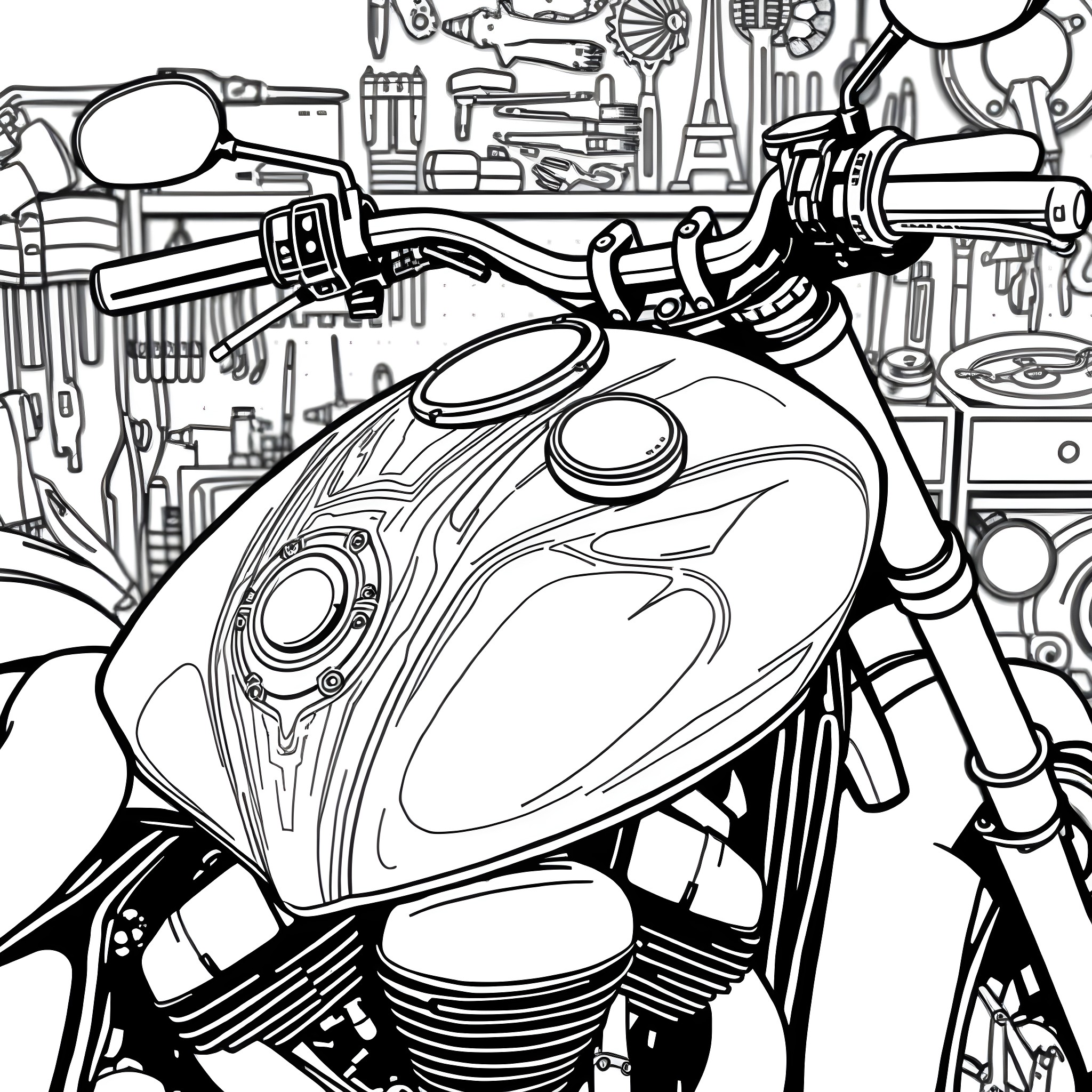 Motorcycle parts and tools in abstract background Coloring Page (free black-and-white line drawing printable PDF for all, from beginners to advanced learners, including children, teens, adults, and seniors)