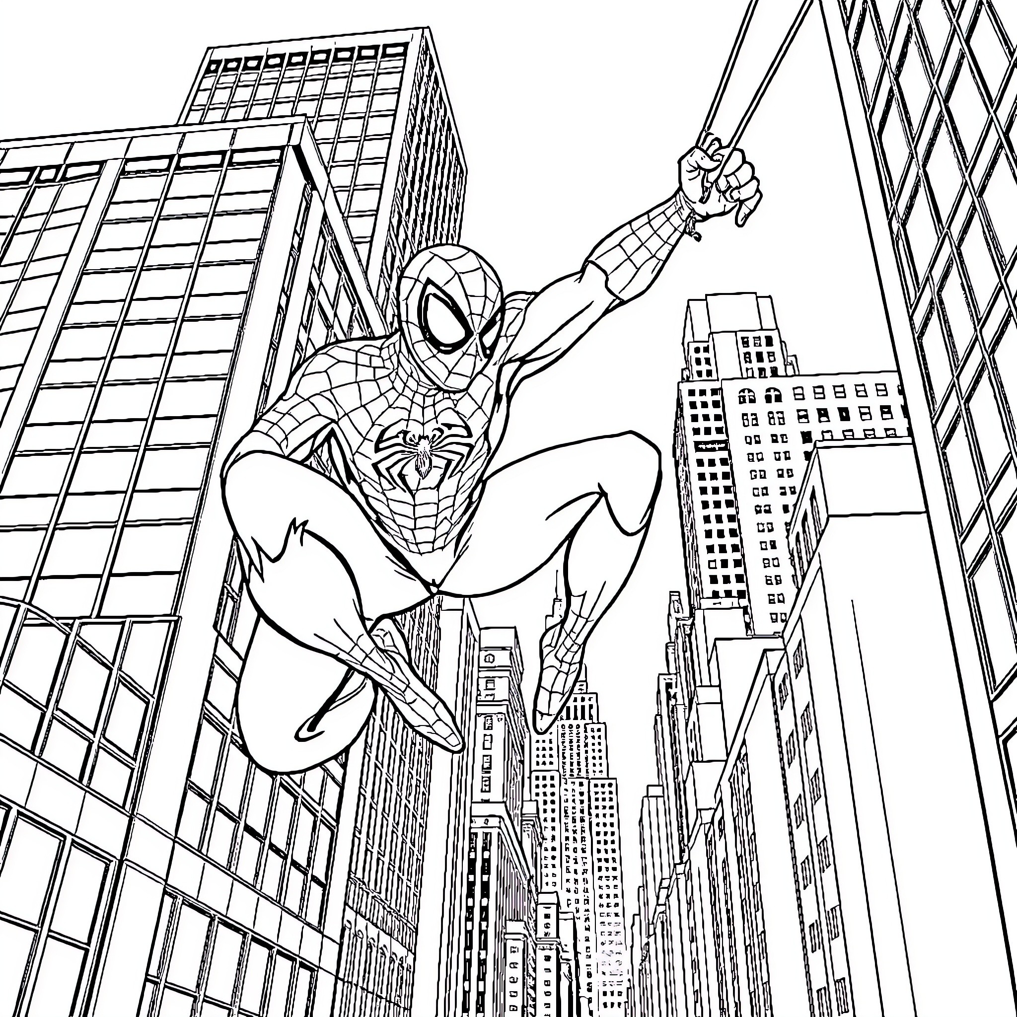 Spiderman swinging through the city skyline Coloring Page (free black-and-white line drawing printable PDF for all, from beginners to advanced learners, including children, teens, adults, and seniors)