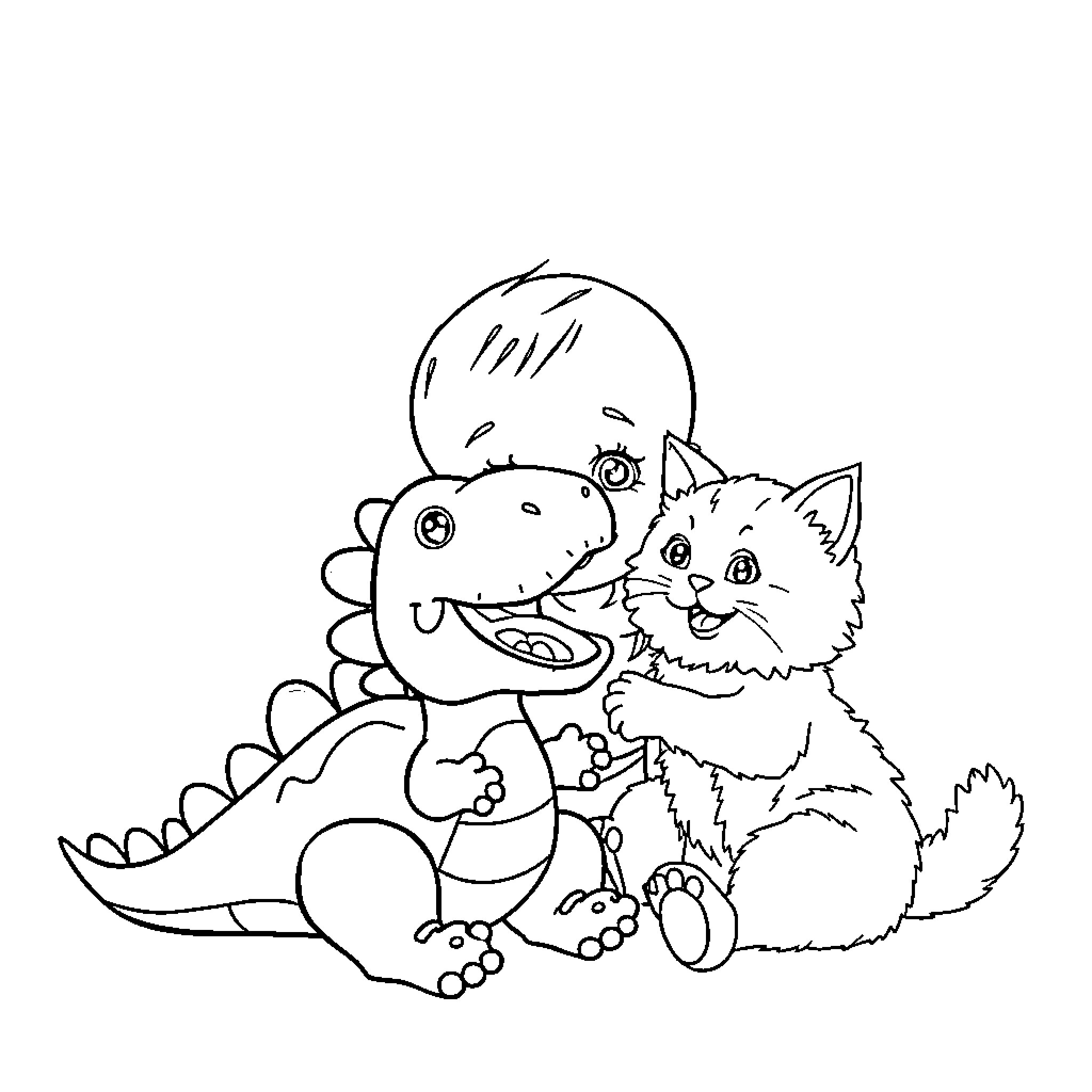 Baby dinosaur and kitten playing together Coloring Page (free black-and-white line drawing printable PDF for all, from beginners to advanced learners, including children, teens, adults, and seniors)