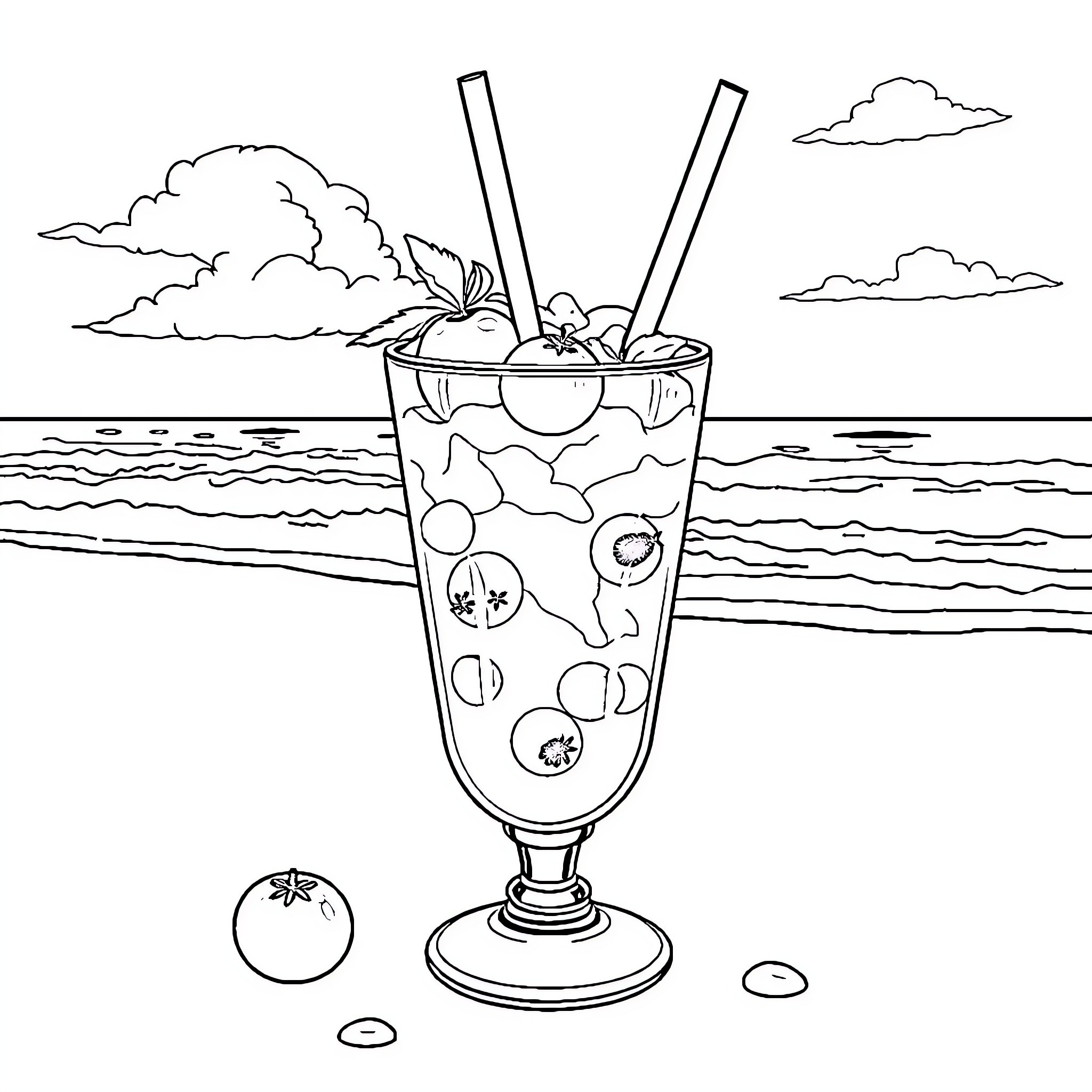Slush by the Seaside Coloring Page (free black-and-white line drawing printable PDF for all, from beginners to advanced learners, including children, teens, adults, and seniors)