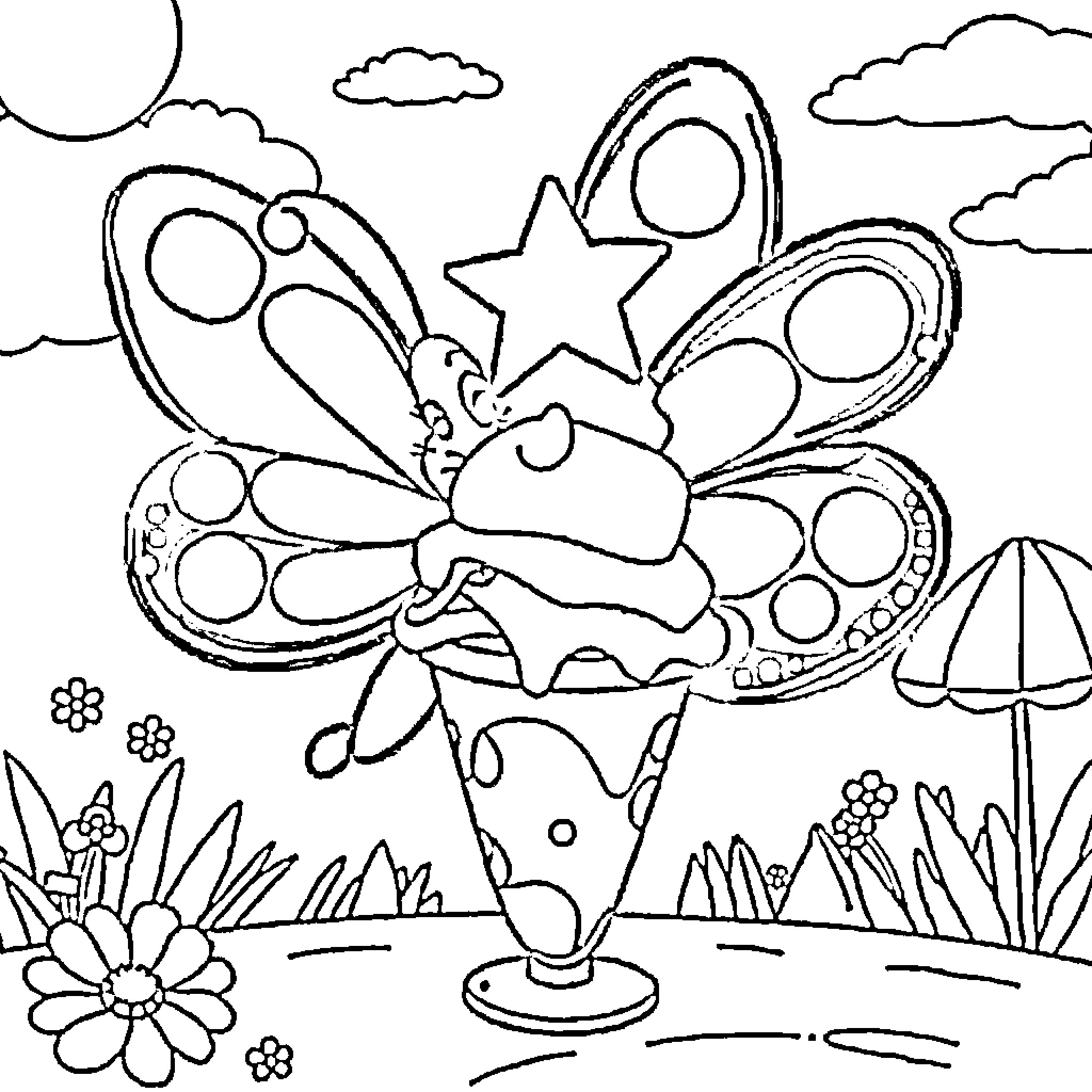 Star Butterfly Enjoying a Sunny Day Coloring Page (free black-and-white line drawing printable PDF for all, from beginners to advanced learners, including children, teens, adults, and seniors)
