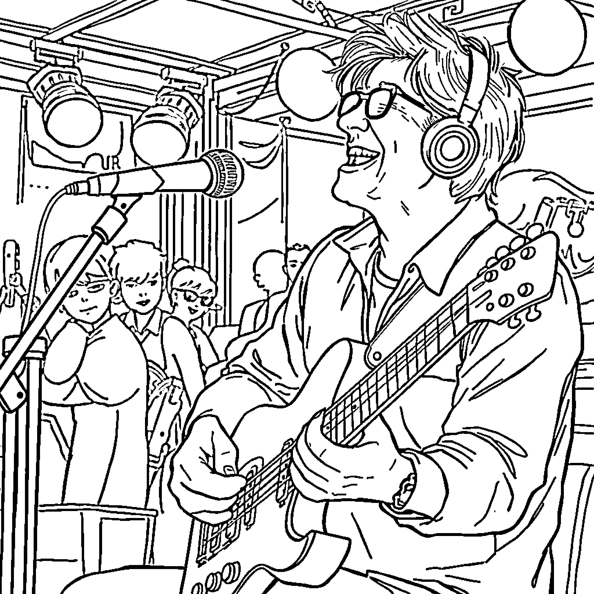 Music performance at a concert stage Coloring Page (free black-and-white line drawing printable PDF for all, from beginners to advanced learners, including children, teens, adults, and seniors)