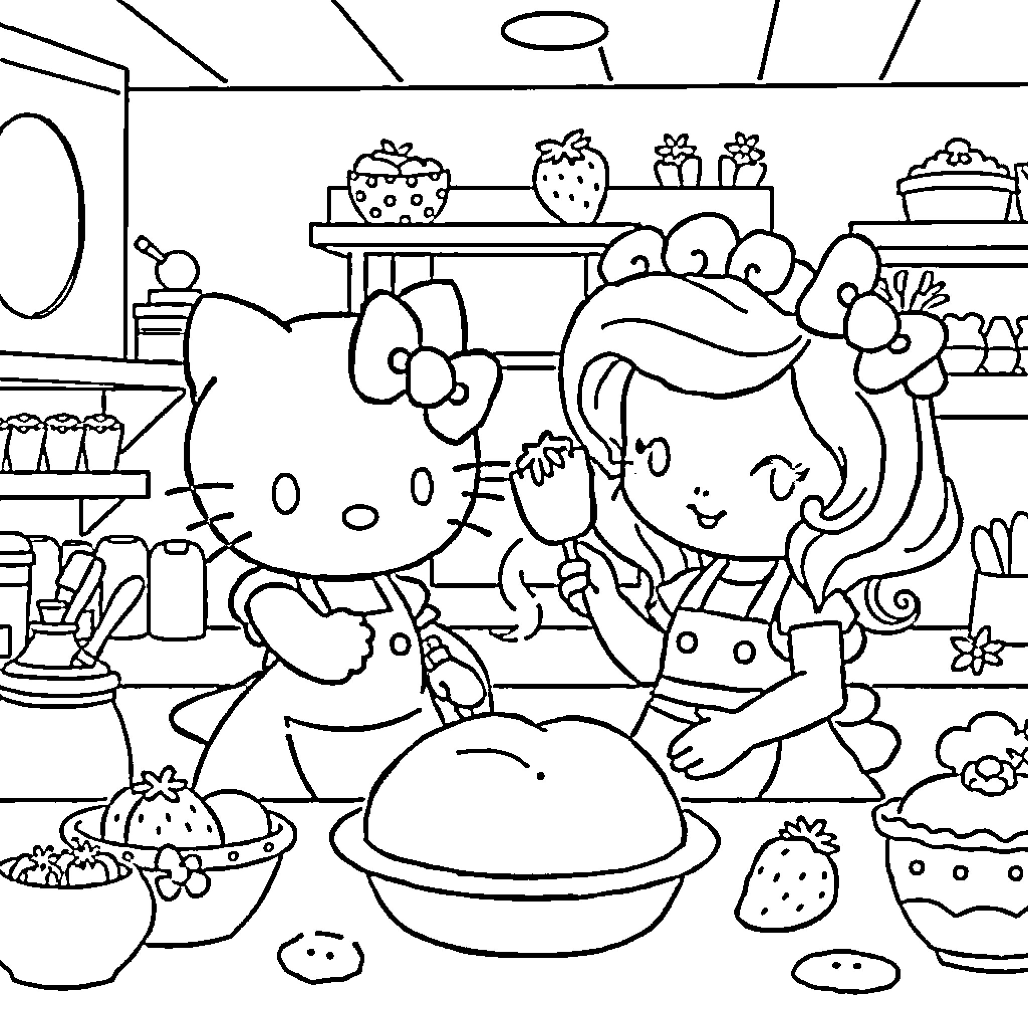 Hello Kitty and friends baking in the kitchen Coloring Page (free black-and-white line drawing printable PDF for all, from beginners to advanced learners, including children, teens, adults, and seniors)