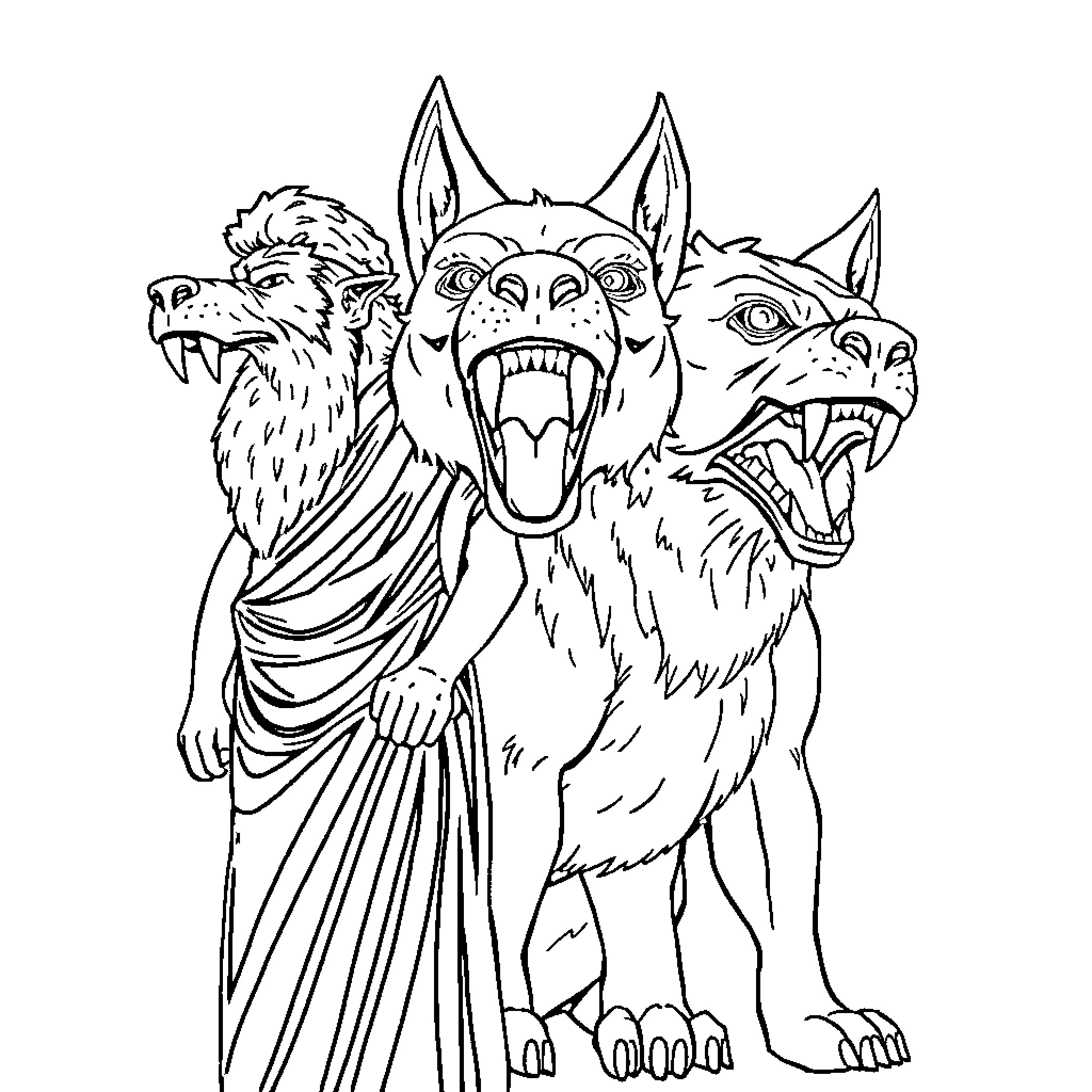 Dogs with fierce expressions in fantasy attire Coloring Page (free black-and-white line drawing printable PDF for all, from beginners to advanced learners, including children, teens, adults, and seniors)